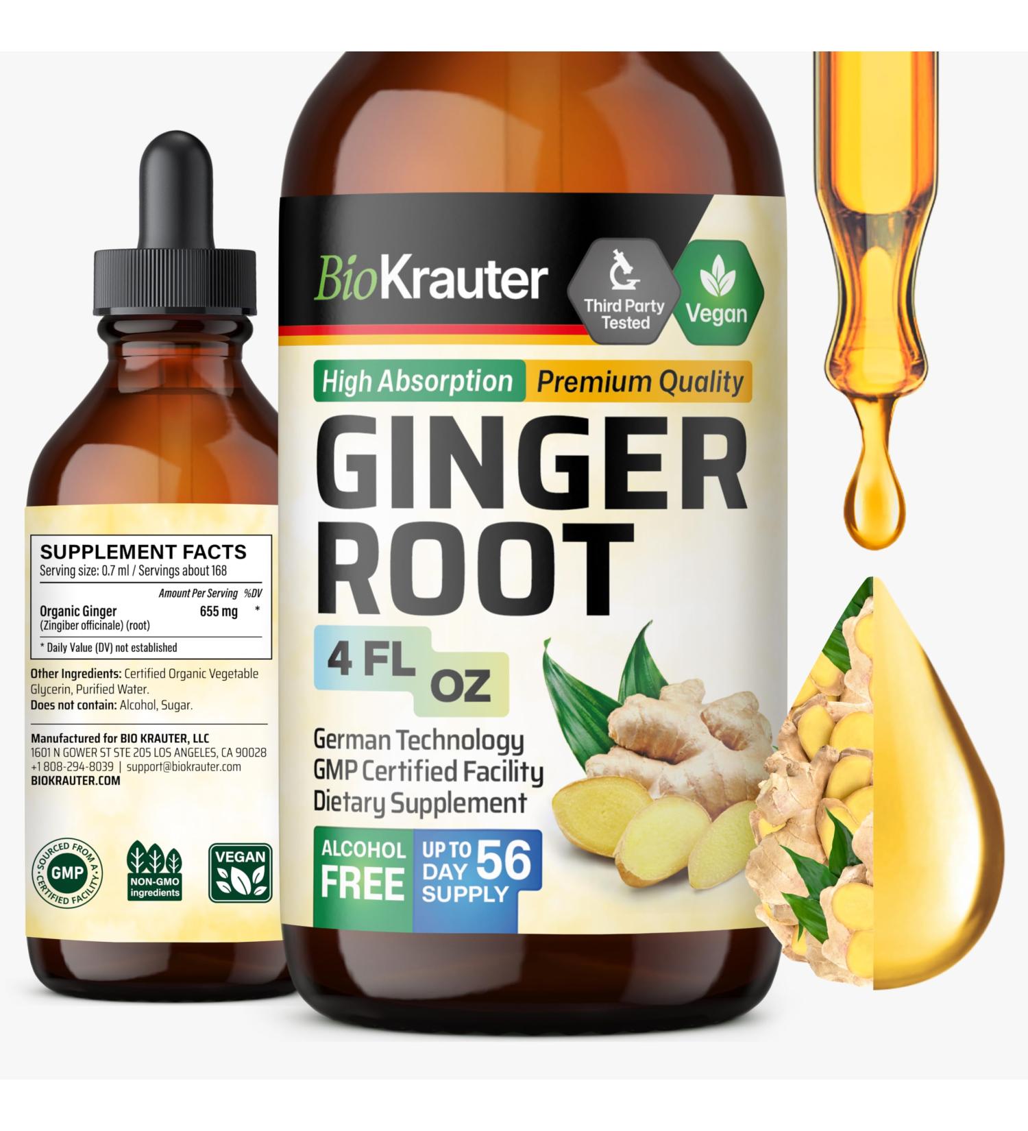 BIO KRAUTER Ginger Root - Liquid Drops Ginger Extract 655 mg per Serving 4 Fl.Oz 56-Day Supply - Pure Vegan Zingiber Officinale for Digestive Support & Daily Wellness - Alcohol & Sugar Free 4 Fl Oz (Pack of 1) - Buy Online on GoSupps.com