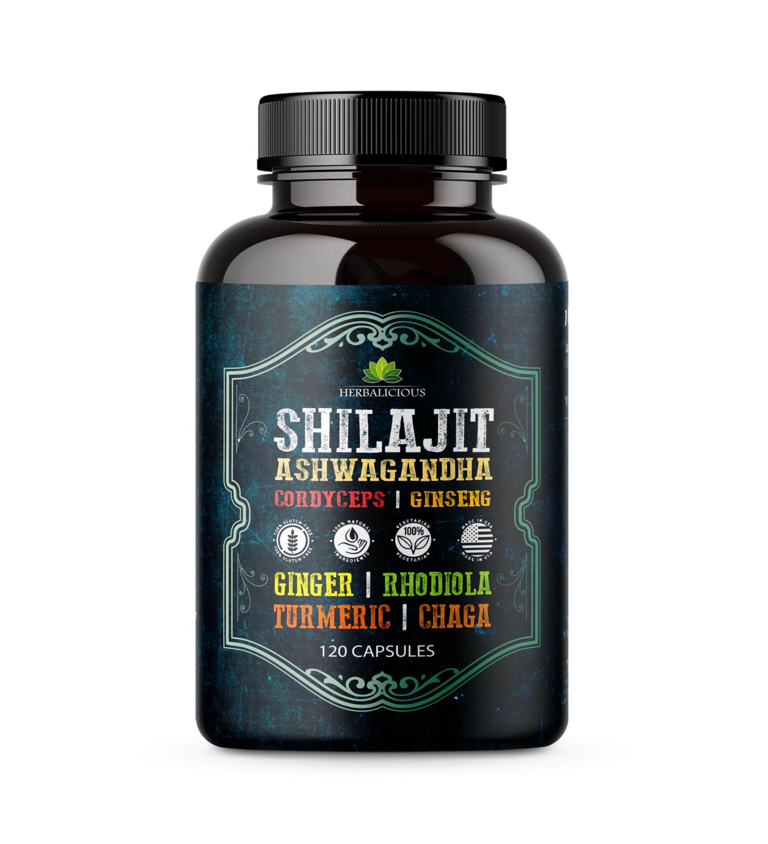 Shilajit for Men 8-in-1 Adaptogenic Supplement with Ashwagandha Cordyceps Ginseng Rhodiola Turmeric Chaga & Ginger Natural Energy Stress Relief & Immune Support 120 Vegan Capsules - Buy Online on GoSupps.com