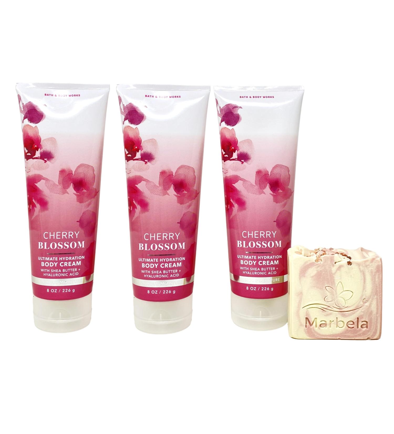 Bath & Body Works Cherry Blossom 3 Pack Ultimate Hydration Body Cream Bundle with a Himalayan Salts Springs Bar Soap - Full Size