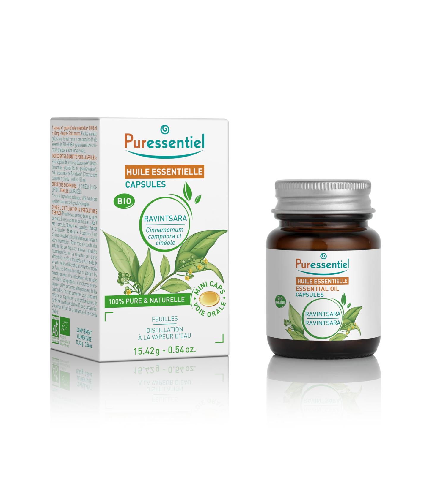 Puressentiel Capsules d huile essentielle de Ravintsara BIO HEBBD 100 pourcent pure et naturelle Go t Neutre 60 mini-capsules - Buy Online on GoSupps.com