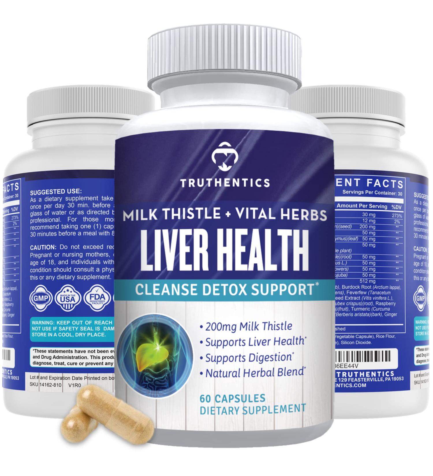 TRUTHENTICS Liver Health Supplement - Milk Thistle Liver Health Formula with Artichoke Extract Dandelion Turmeric and More - Natural Detox Support for Men & Women - 60 Capsules - Buy Online on GoSupps.com