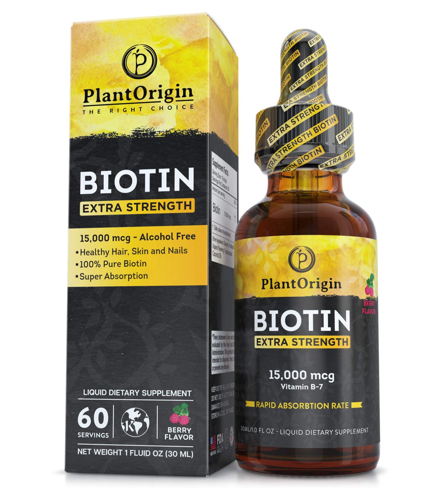 Plantorigin Biotin Liquid Vitamin Drops 15000mcg - Hair, Skin, Nails Support - Alcohol-Free & Kosher - Berry Flavor - 60 Servings - Buy Online on GoSupps.com