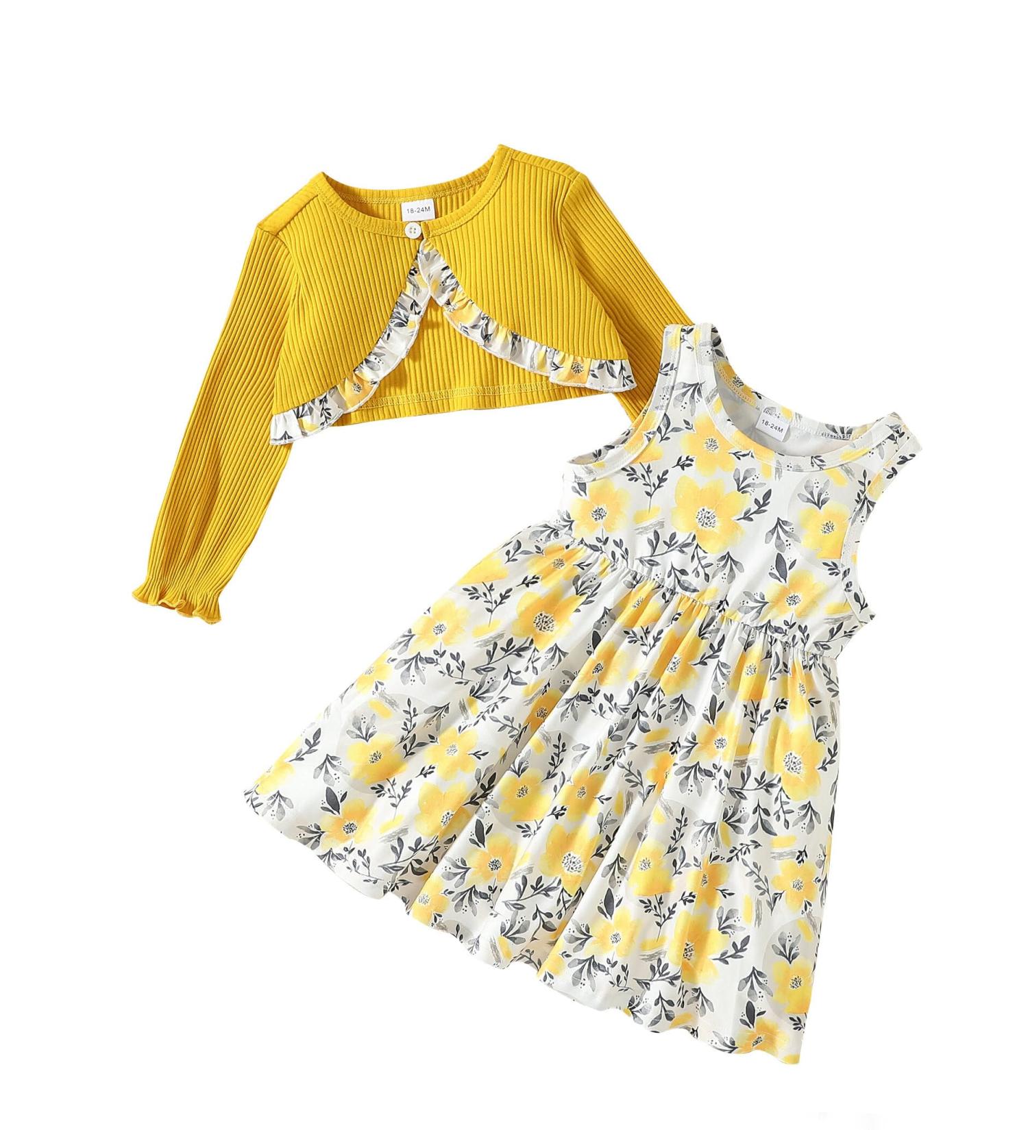 Puseky Toddler Girl Floral Print Sleeveless Dress and Ribbed Cardigan Set - 18-24 Months Yellow - Buy Online on GoSupps.com
