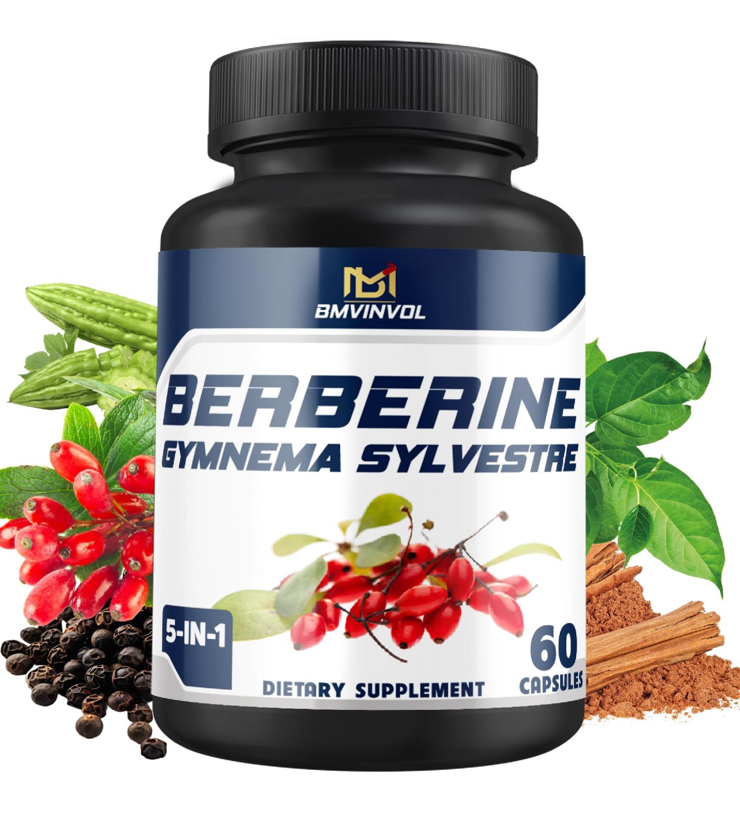 BMVINVOL 5-in-1 Berberine Supplement with Ceylon Cinnamon Gymnema Sylvestre Bitter Melon & Black Pepper - Supports Immune Function Cardiovascular Heart (60 Count) - Buy Online on GoSupps.com