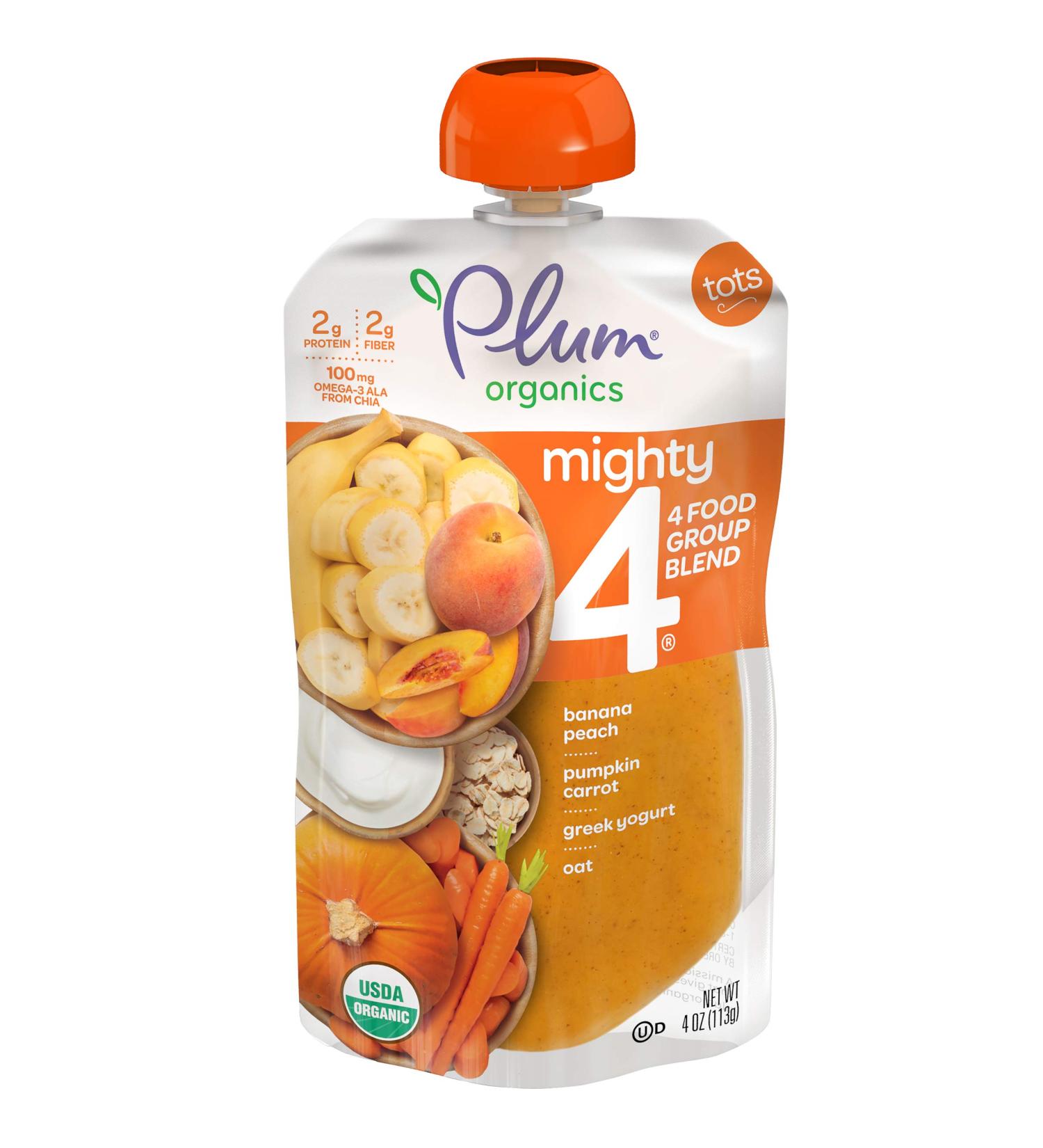 Plum Organics Tots Mighty 4: Banana Peach Pumpkin Carrot Blend with Greek Yogurt & Oat - 4 oz - Buy Online on GoSupps.com