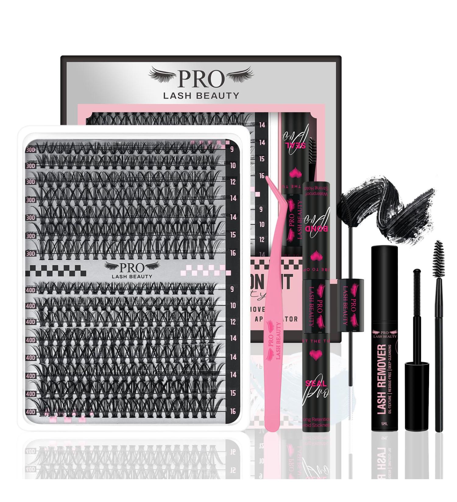 PRO DIY Lash Extension Kit 300 Pcs Lash Clusters D Curl Mix Eyelash Clusters Individual Lashes Kit Lash Bond And Seal Lash Remover Eyelash Brush Lash Tweezer Self Apply At Home(30D+40D-9-16mix Kit) 9-16 mix 30D+40D-D Kit