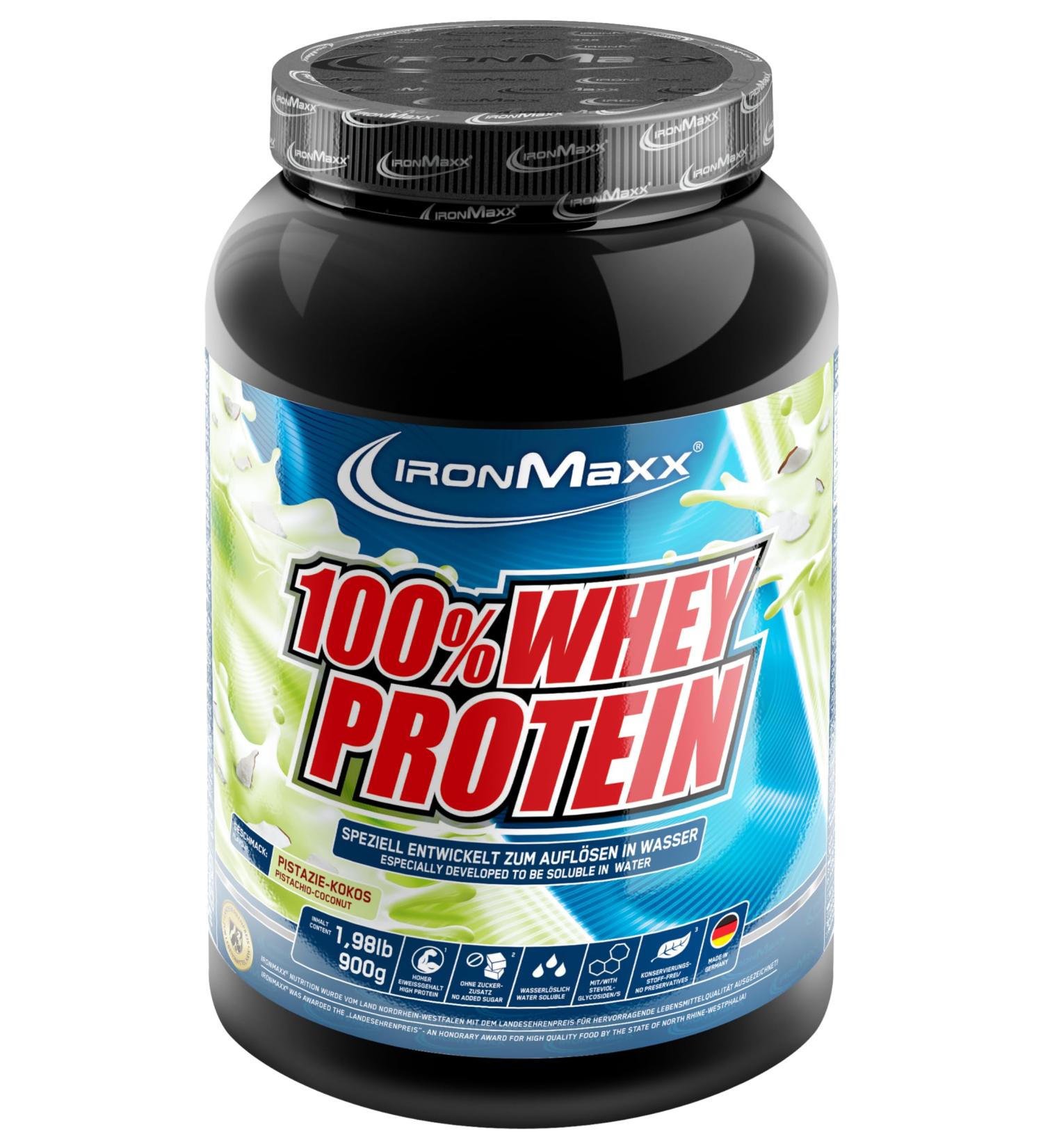 Ironmaxx 100% Whey Protein Powder - Pistachio Coconut 900g | Low Sugar Water-Soluble Whey Protein | Available in Multiple Flavors for International Shipping - Buy Online on GoSupps.com