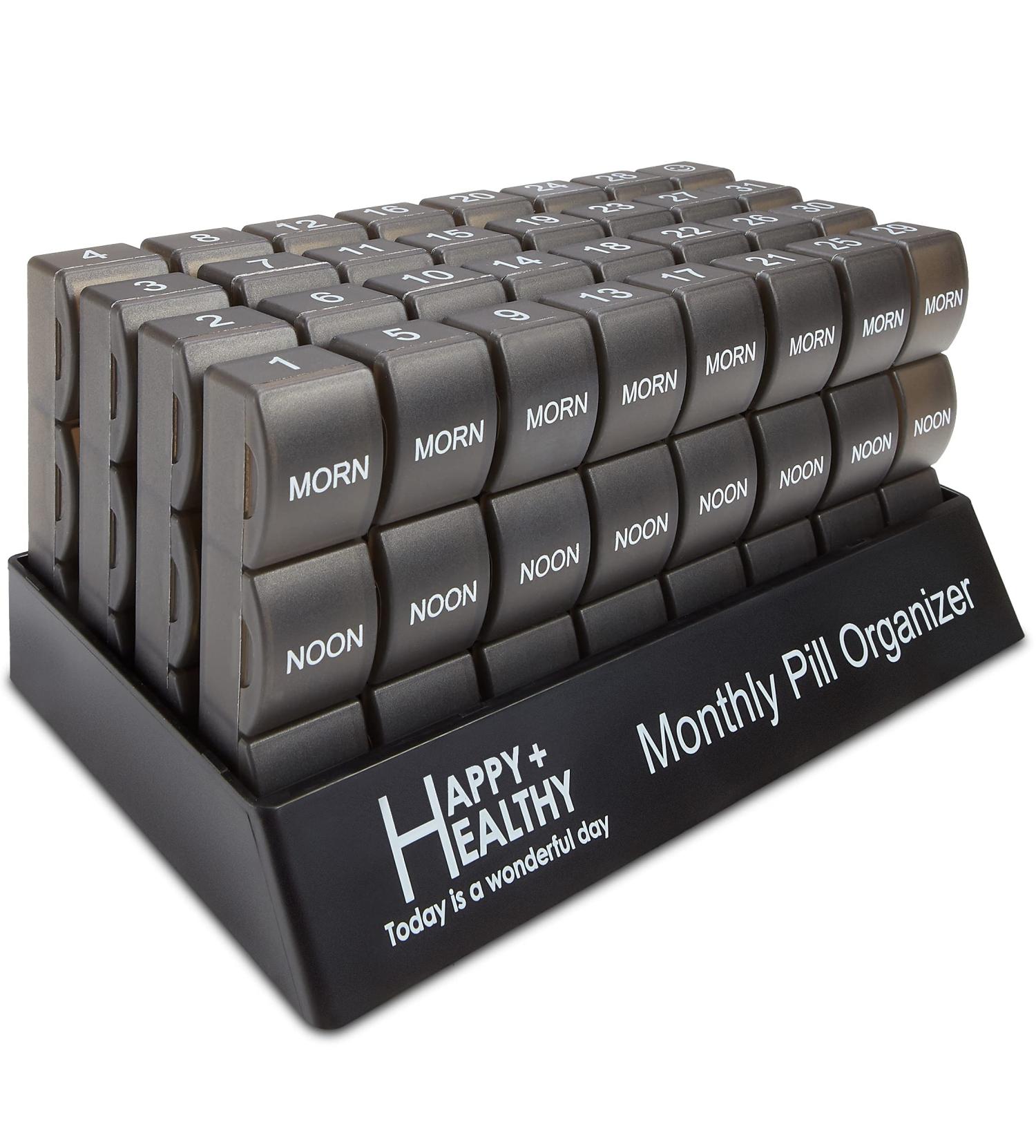 32 Compartment Month Pill Box Organizer for Vitamins, Supplements, Medication - Travel-Friendly Daily Pill Case - Black - Buy Online on GoSupps.com