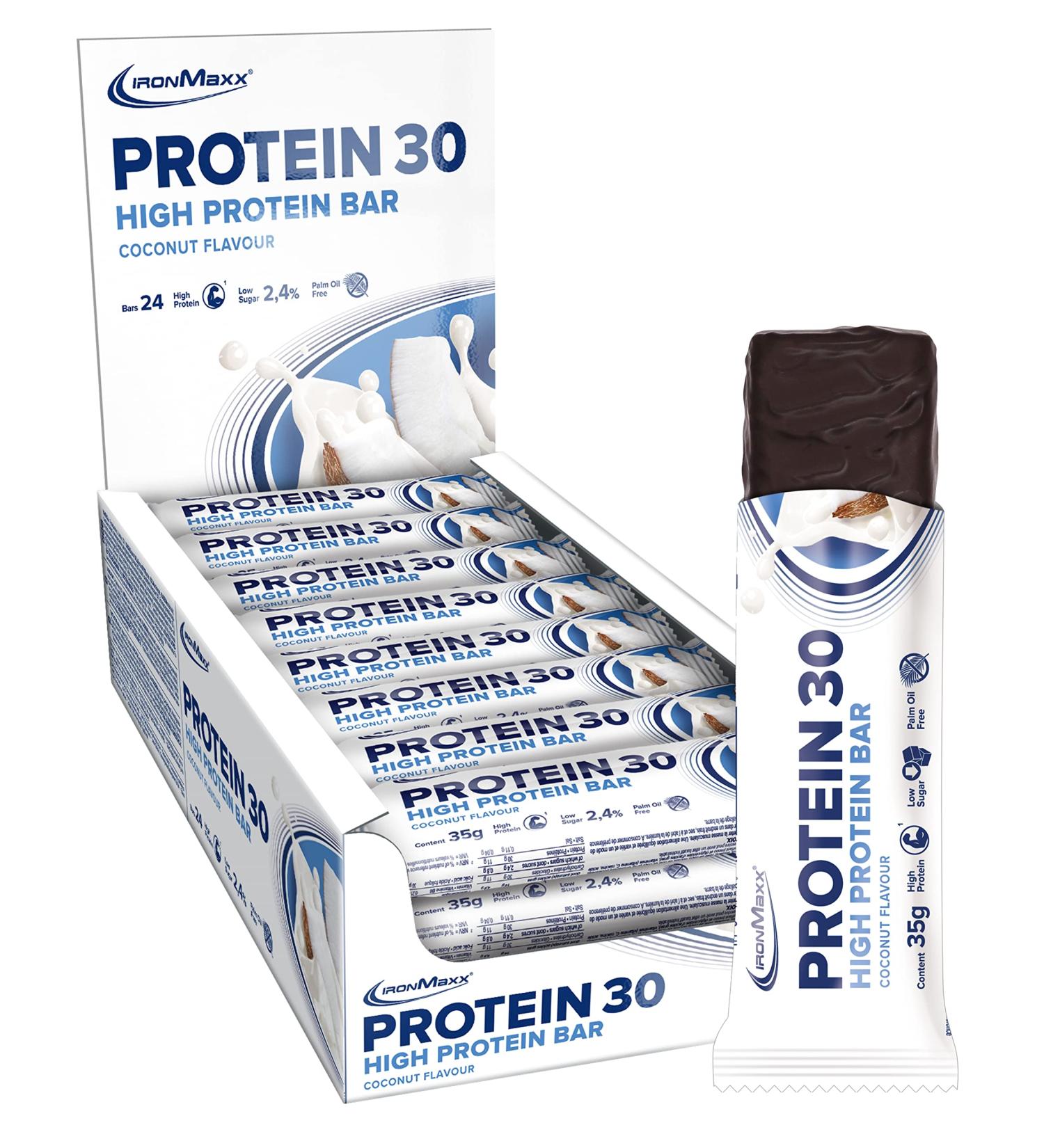 Ironmaxx Protein 30 Bar - Coconut | 24x35g | Gluten-Free & Palm Oil-Free | Low-Carb & Sugar-Reduced Protein Snack - Buy Online on GoSupps.com