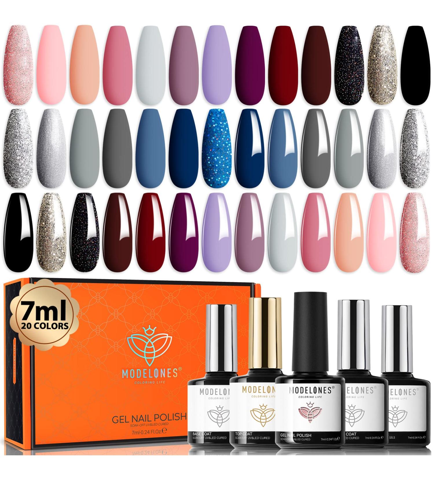 Modelones 24 Pcs Gel Polish Nail Kit - 20 Nude Pink Gray Neutral Colors - 7ml - Prep Bond Primer - Glossy & Matte Top Base Coat - Nail Art Manicure DIY Salon Gift Kit: Halloween A1 - Navy Burgundy - Buy Online on GoSupps.com