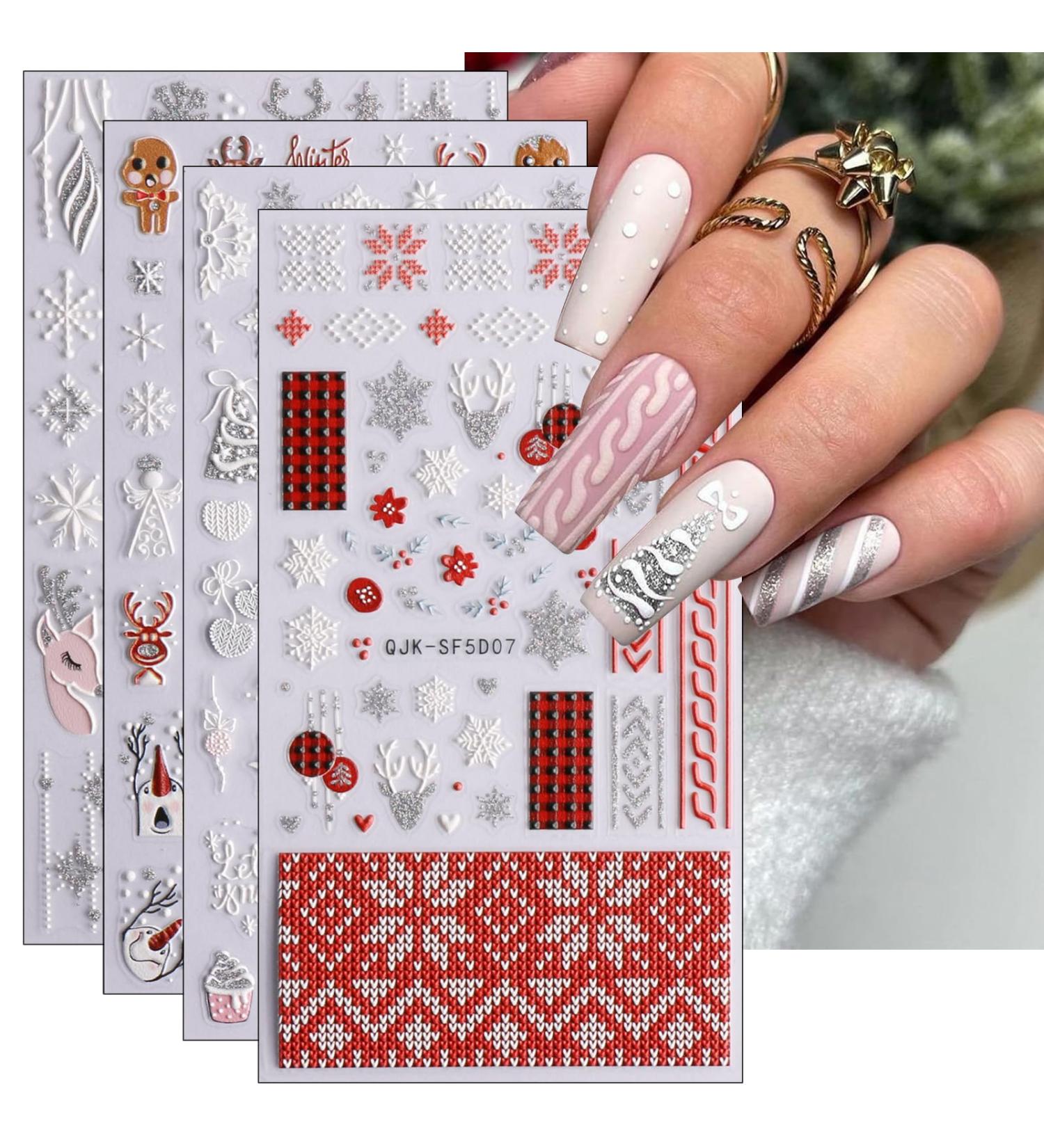 JMEOWIO 3D Embossed Christmas Glitter Nail Art Stickers Decals Self-Adhesive 5D Snowflake Xmas Winter Holiday Silver Red Nail Supplies Nail Art Design Decoration Accessories 4 Sheets - Buy Online on GoSupps.com