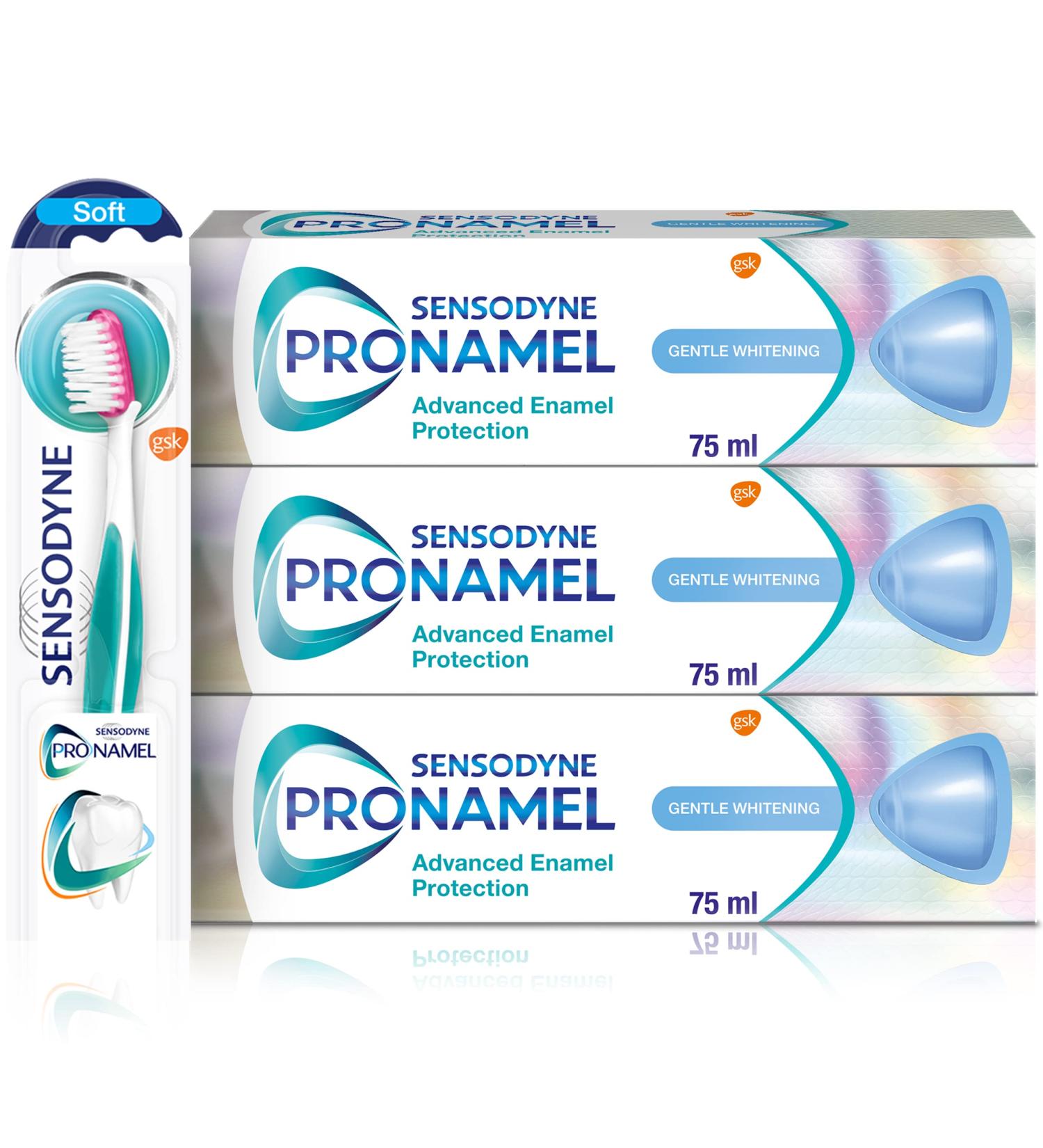 Sensodyne Pronamel Regime Kit - 3x Gentle Whitening Cool Mint Toothpaste 75ml, 1x Toothbrush - Daily Oral Care Regimen for Enamel Protection - 4 Count Pack - Buy Online on GoSupps.com