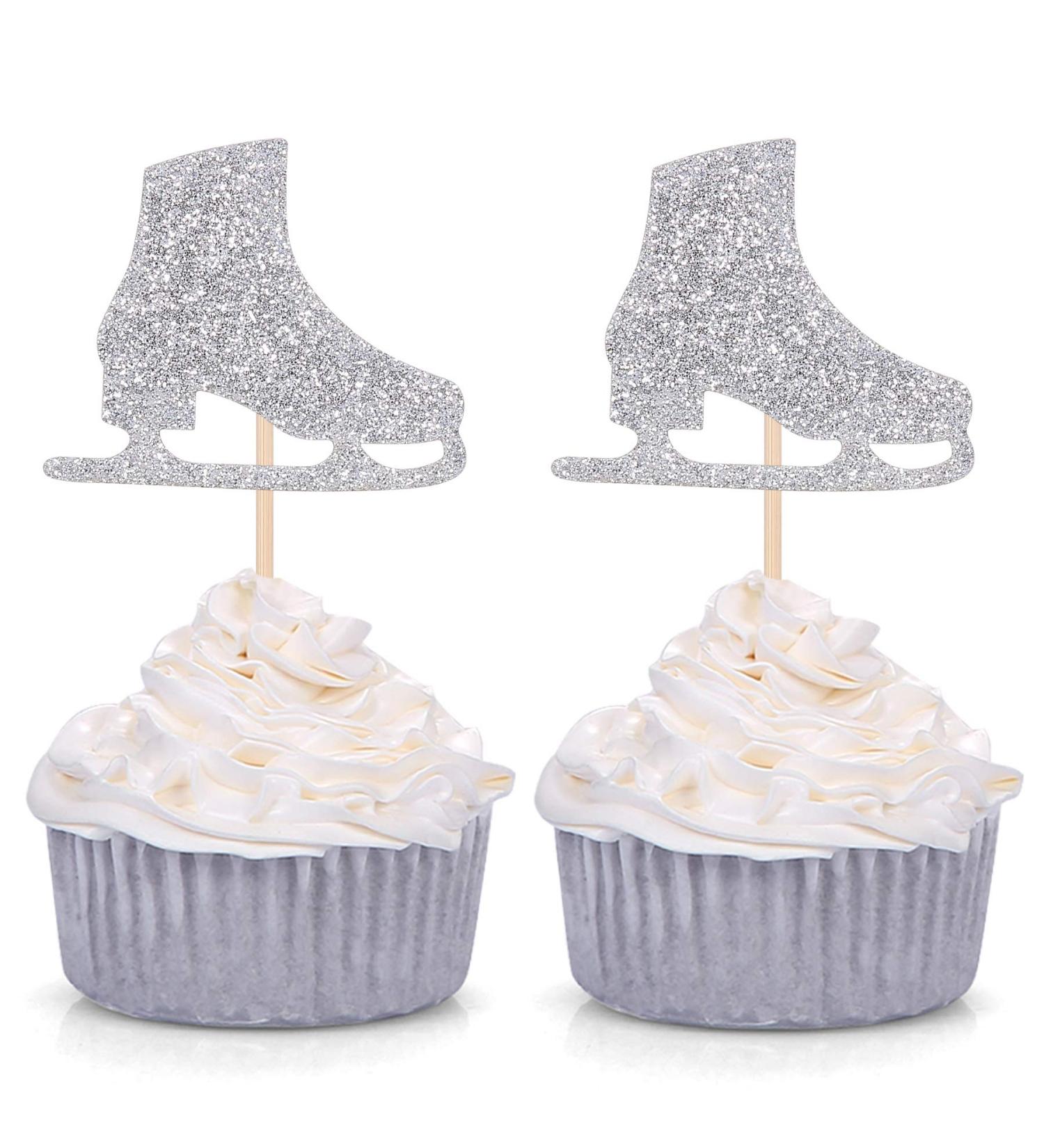 24 CT Ice Skate Cupcake Toppers Ice Skating Theme Kid s Birthday Party Decorating Picks - Silver