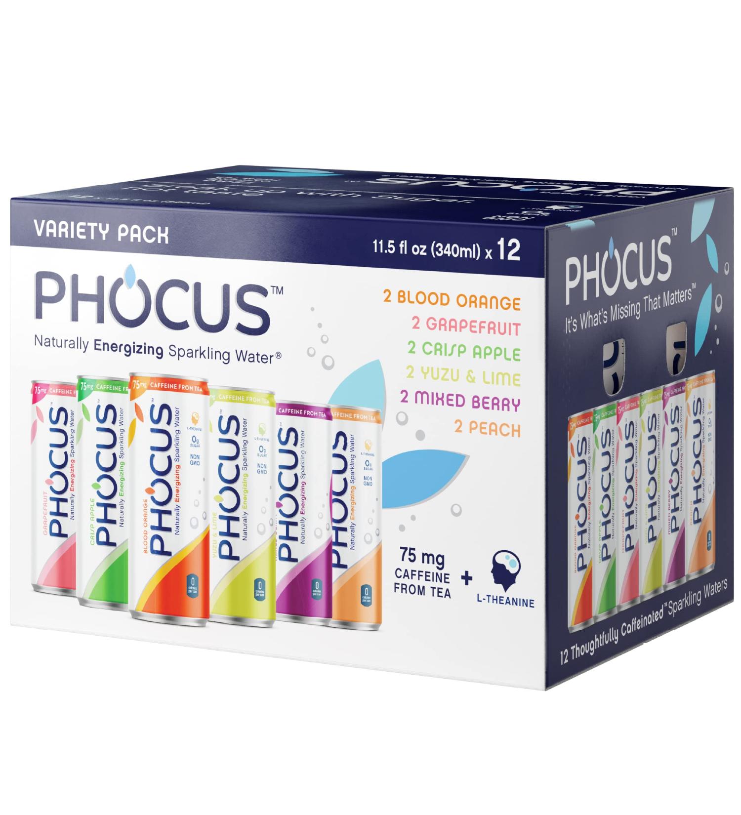 Phocus Caffeinated Sparkling Water Variety Pack - Clean Energy Drink with Caffeine and L-Theanine - 0 Sugar, Calories, or Carbs - Non GMO, Whole 30, Keto, Vegan, Kosher - 11.5 Fl Oz (12 Pack) - Buy Online on GoSupps.com