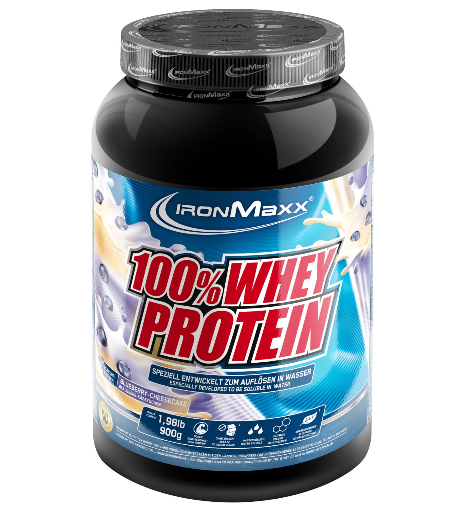 Ironmaxx 100% Whey Protein Powder - Blueberry Cheesecake 900g | Water-Soluble Low Sugar Multiple Flavors for Optimal Nutrition - Buy Online on GoSupps.com
