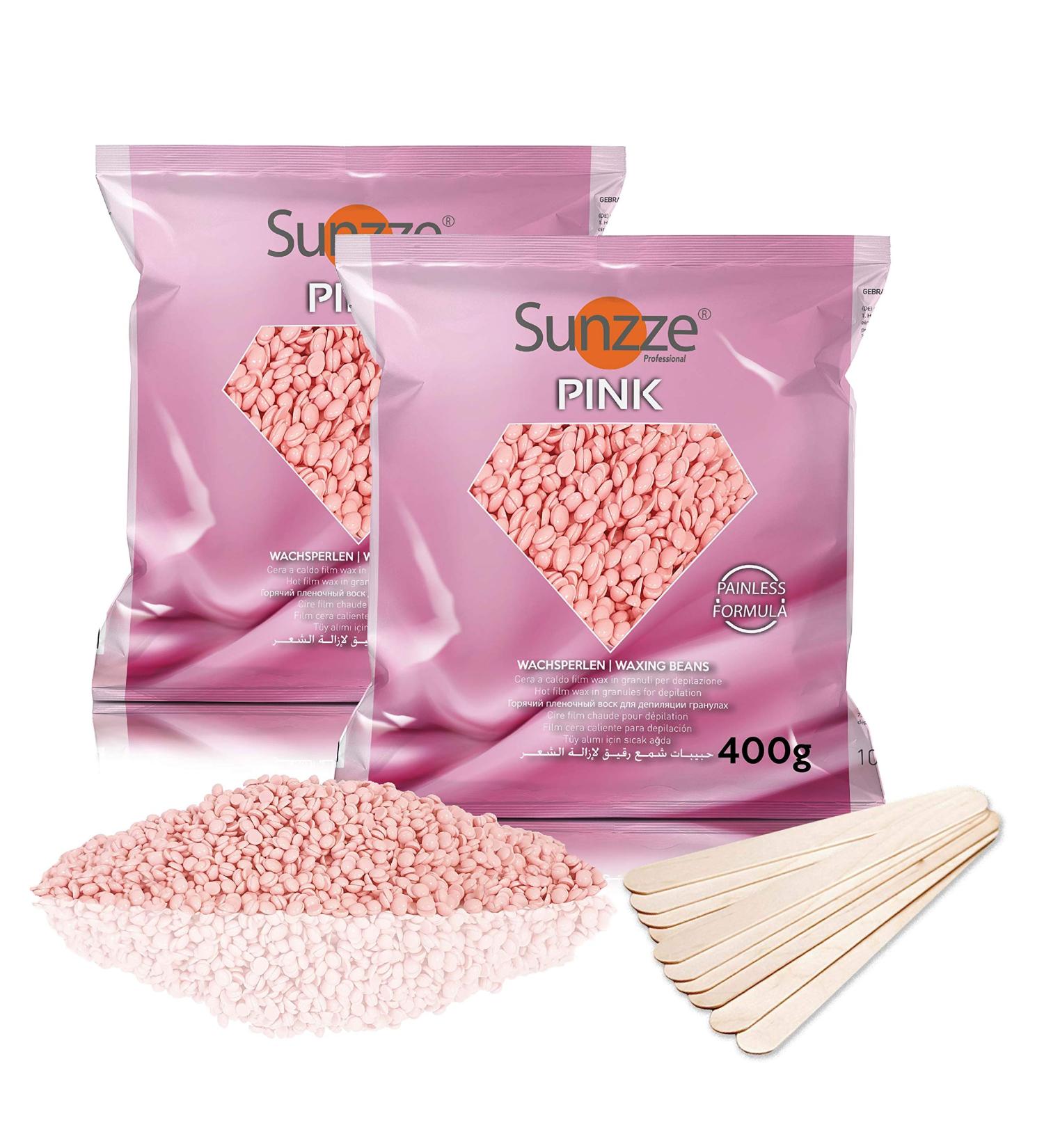 Sunzze Pink Wax Beads for Hair Removal - 2x400g Brazilian Waxing Kit with FREE Wooden Spatula - Buy Online on GoSupps.com