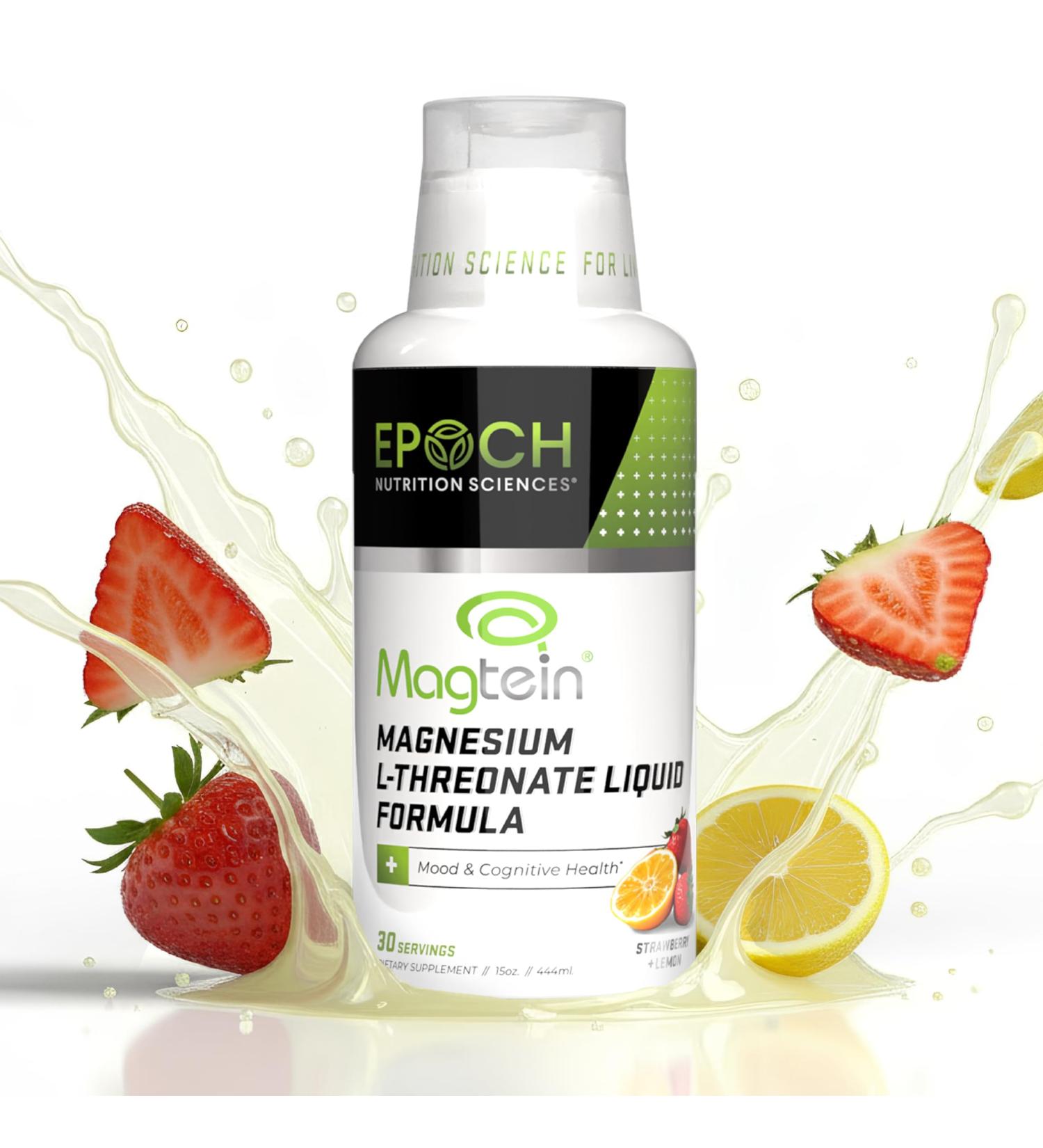 Magtein Magnesium L-Threonate Liquid 2000mg for Brain Health Mood & Sleep Fast-Absorbing Liquid No Pills or Droppers Strawberry Lemon Flavor 30 Servings Epoch Nutrition - Buy Online on GoSupps.com