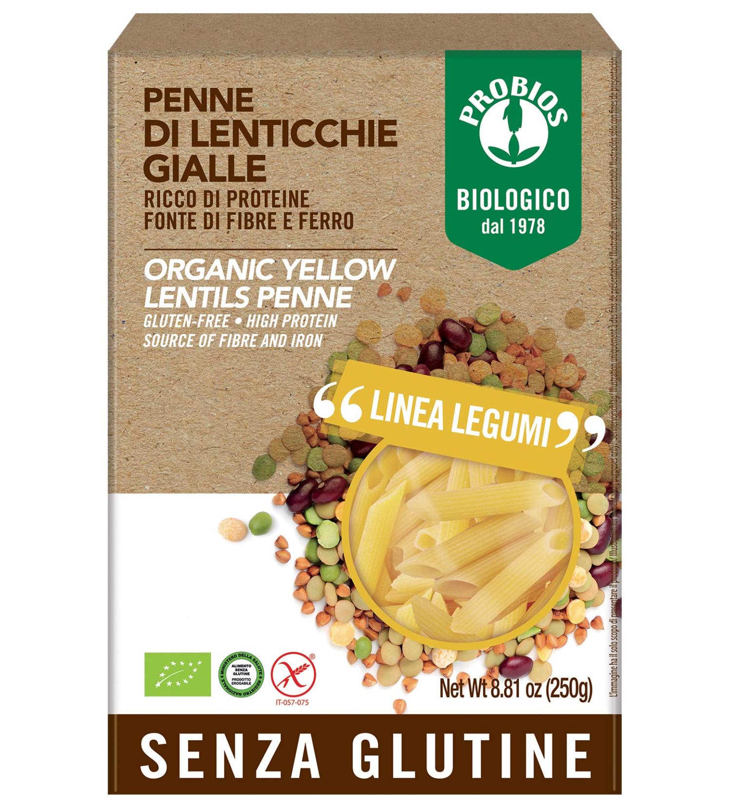 Probios Probios Penne with Yellow Lenses Gluten Free - 100% Lenticchie Gallele Penne - Pack of 12 x 250 g