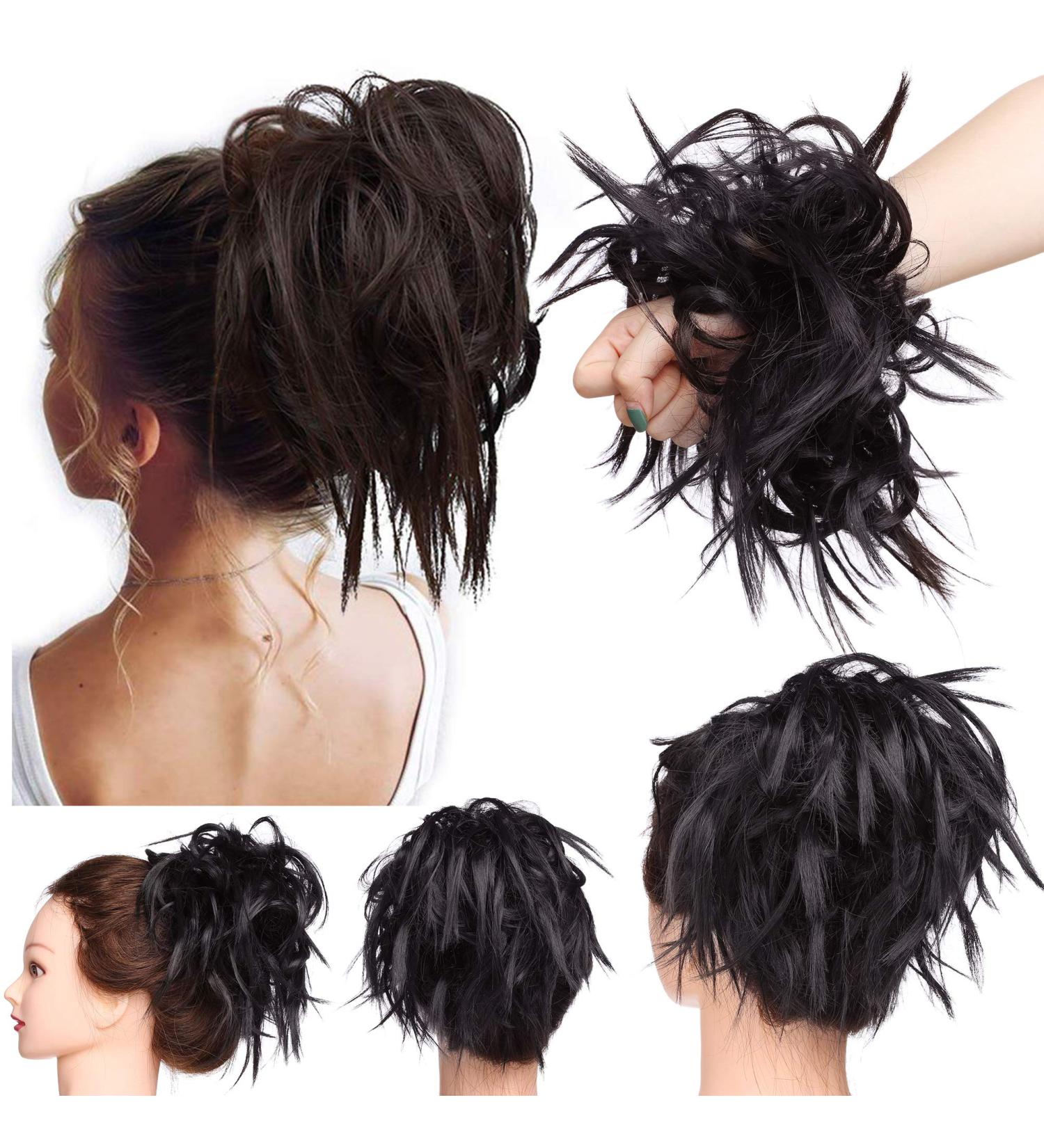 Tousled Updo Messy Bun Hair Piece - Synthetic Wavy Bun Extension Chignon in Dark Brown - Buy Online on GoSupps.com