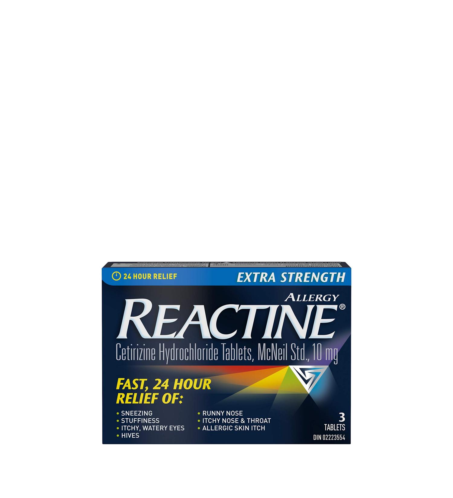 reactine Extra Strength Antihistamine Tablets - 10mg Cetirizine Hydrochloride - 24 Hour Allergy Relief Medicine - 3 Count white - Buy Online on GoSupps.com