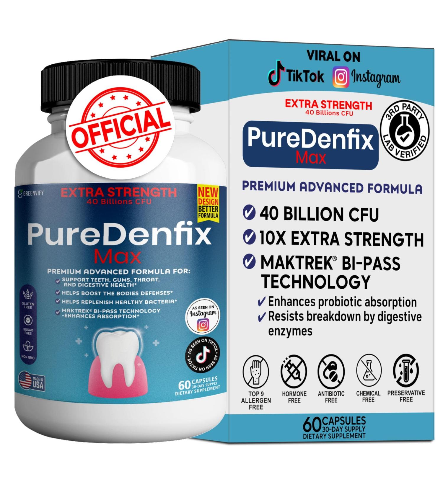PureDenfix Max Extra Strength Probiotic Supplement with 40 Billion CFU Supports Teeth Gums Ear Nose Throat & Digestive Health 60 Capsules (1) - Buy Online on GoSupps.com