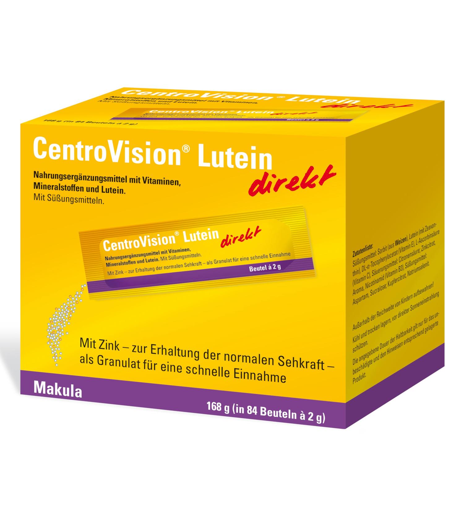 Centrovision lutein direct - granulate with a micronutrient combination made of lutein and zeaxanthin nutritional supplement for the eyes with essential vitamins & minerals lactose -free 84 St.