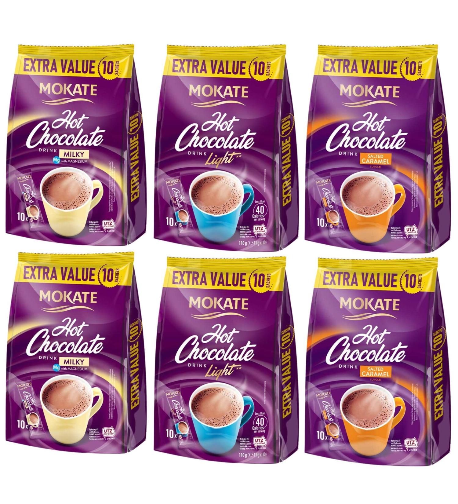 Hot Chocolate Variety Bundle Containing Mokate Milky 10 Sachets 180g Salted Caramel 10 Sachets 180g & Light Hot Chocolate 10 Sachets 110g (6 Pack) - Buy Online on GoSupps.com