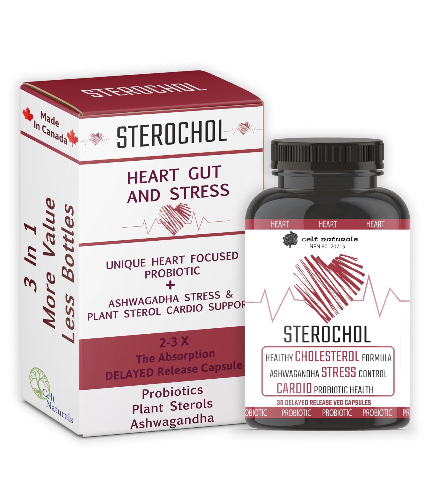 Sterochol - Probiotic Stress and Heart Healthy Formula - Ashwaganda Stress Relief - Balance Cholesterol In An Already Normal Range - Promote and Support Cardio Health - Can Be Used in Conjunction With Statins - All Natural Plant Sterols - Cardio Supportin - Buy Online on GoSupps.com