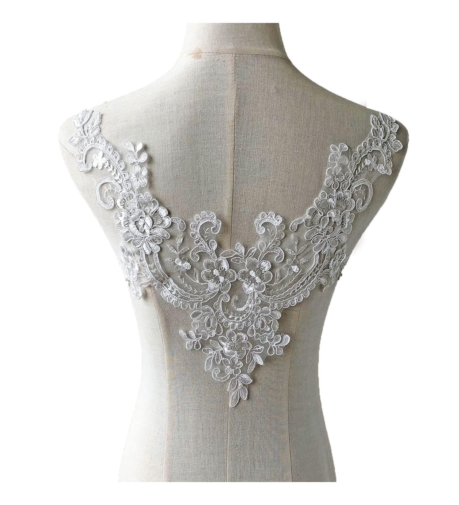 V-Neck Lace Applique Collar Patch for Wedding Dress - Floral Embroidery Trim for Gowns and Costumes - Buy Online on GoSupps.com