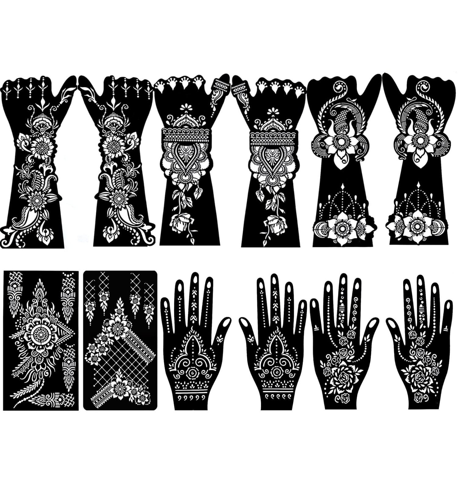 QSTOHENA 12 Sheets Large Henna Tattoo Stencils Kit - Reusable Self Adhesive Templates for Hand, Body Paint - Indian Arabian Designs for Women and Girls - Buy Online on GoSupps.com