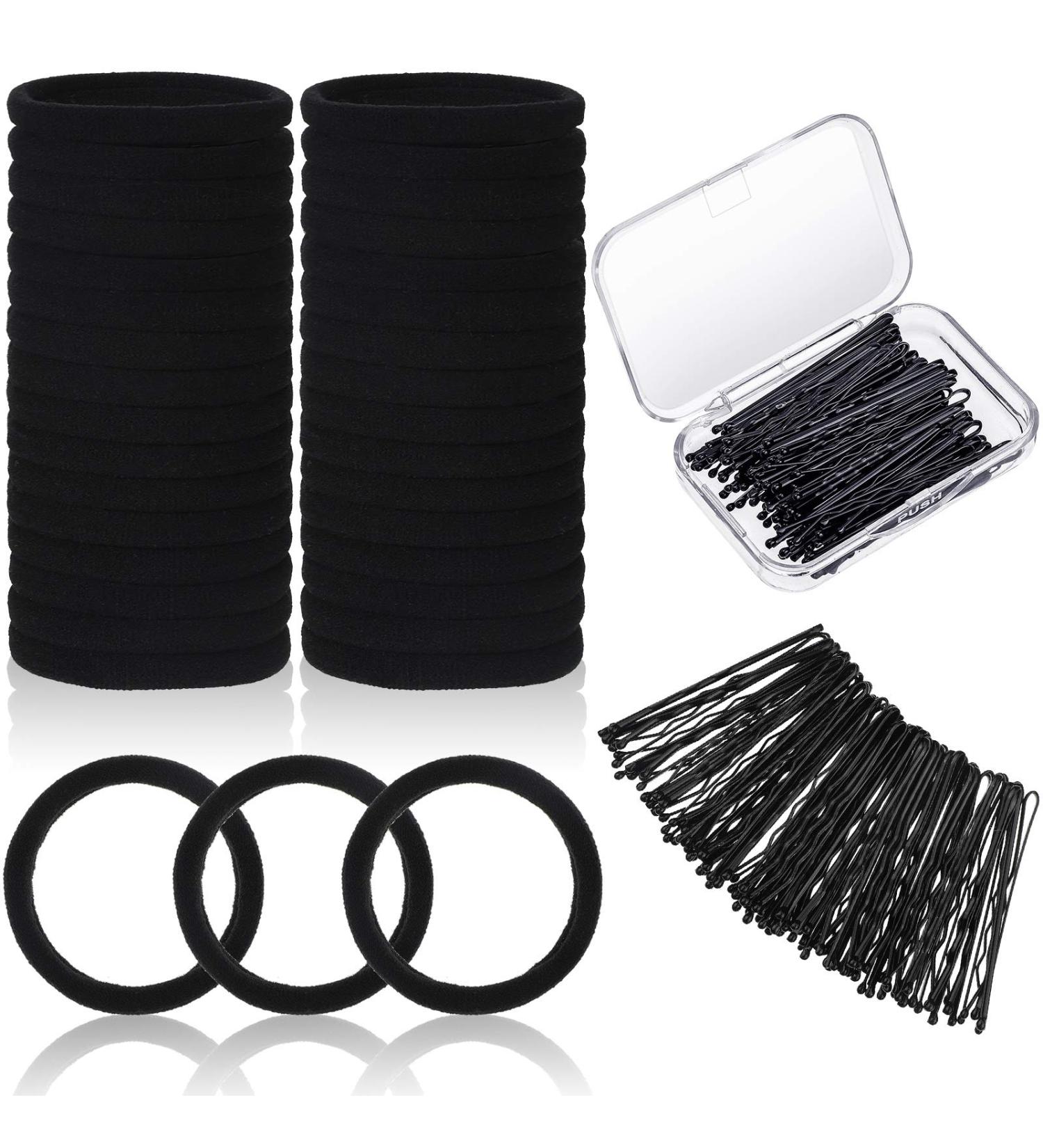 60 Black Seamless Hair Ties & Bobby Pins Set with Box - No Metal Ponytail Holders for Thick, Heavy, and Curly Hair - Buy Online on GoSupps.com