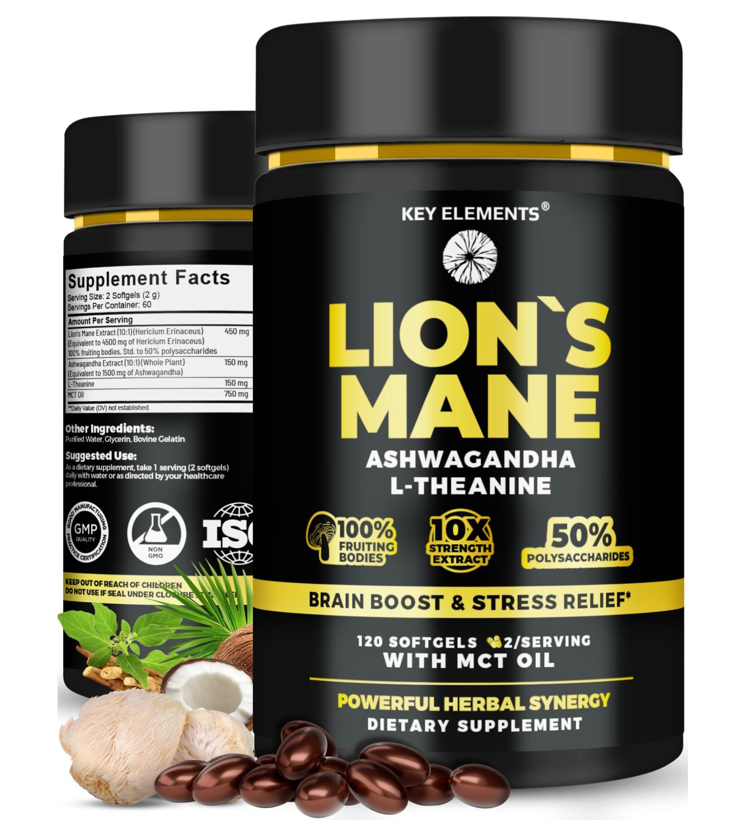 KEY ELEMENTS Organic Lions Mane Supplement Capsules with MCT Oil for Brain Support & Relaxed Focus - Lion's Mane Extract with Ashwagandha and L-Theanine - Lions Mane Mushroom Softgels - Buy Online on GoSupps.com