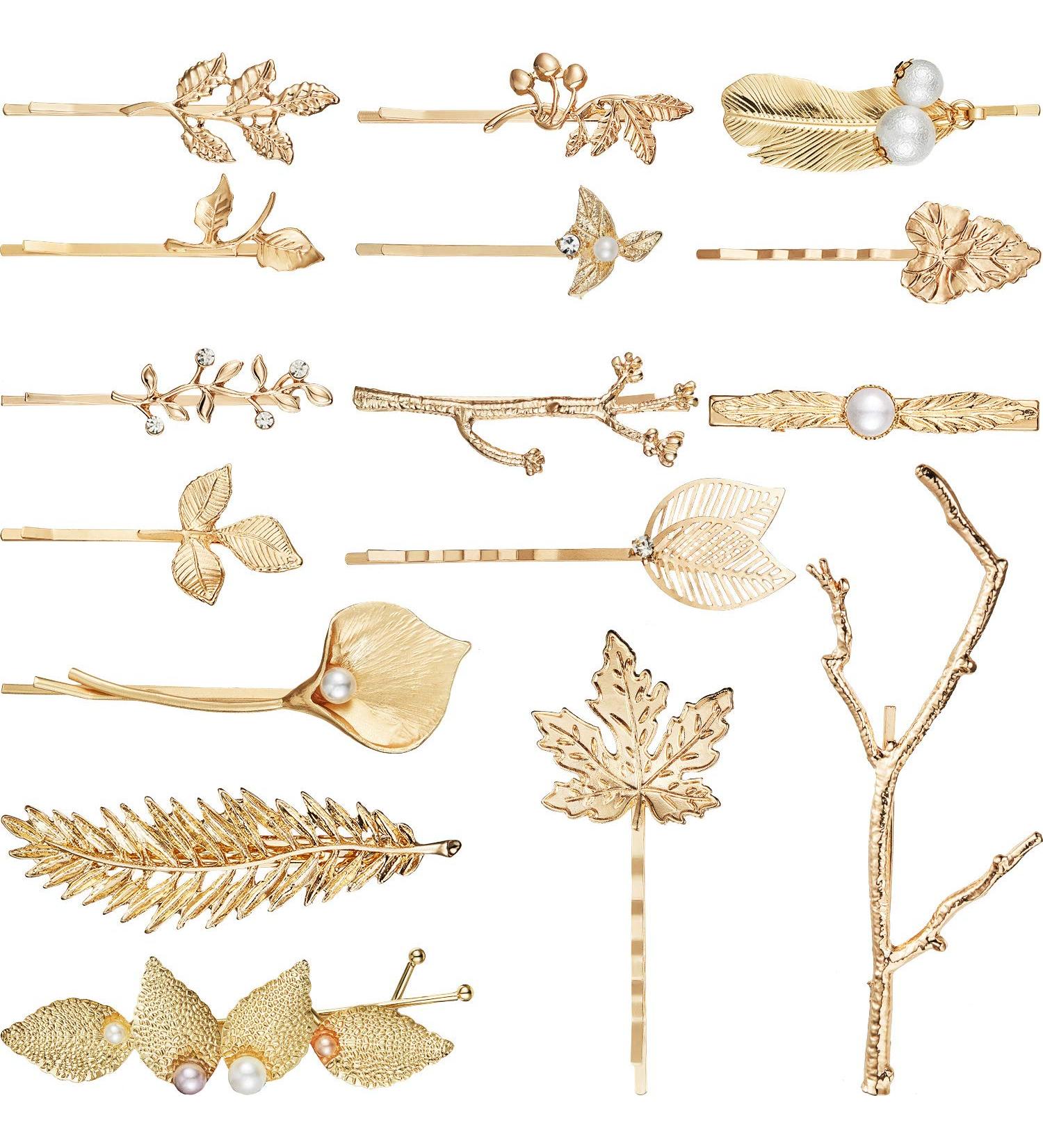 16-Piece Metal Leaf Hair Clips Set | Vintage Retro Hair Pins | Gold Silver Barrettes for Women Girls | Crystal Bobby Pins | Minimalist Decorative Hair Accessories - Buy Online on GoSupps.com