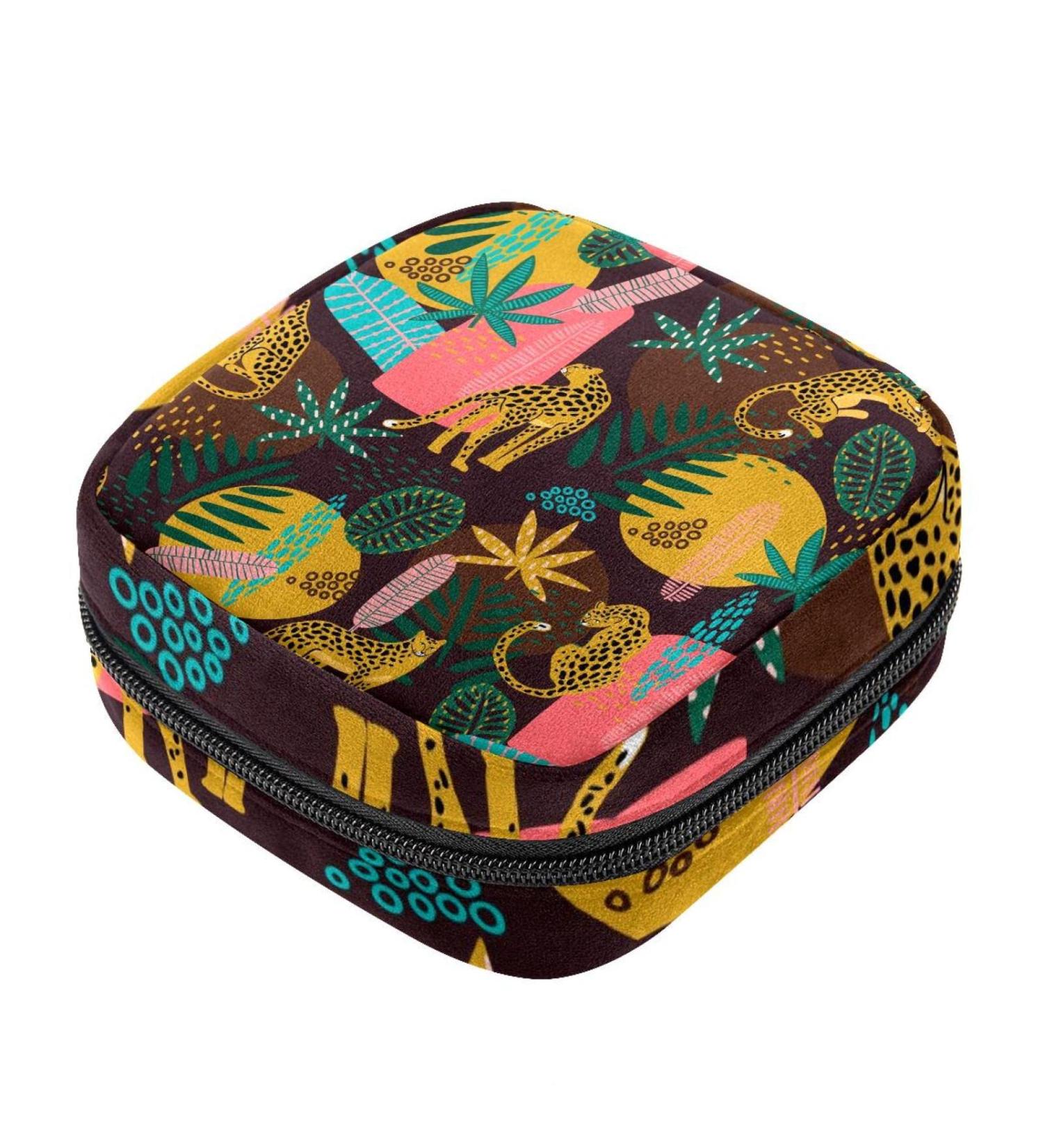 Stylish Menstruation Pad Bag with Zipper - Women's Napkin & Tampon Organizer in Leopard & Tropical Leaf Patterns - Buy Online on GoSupps.com
