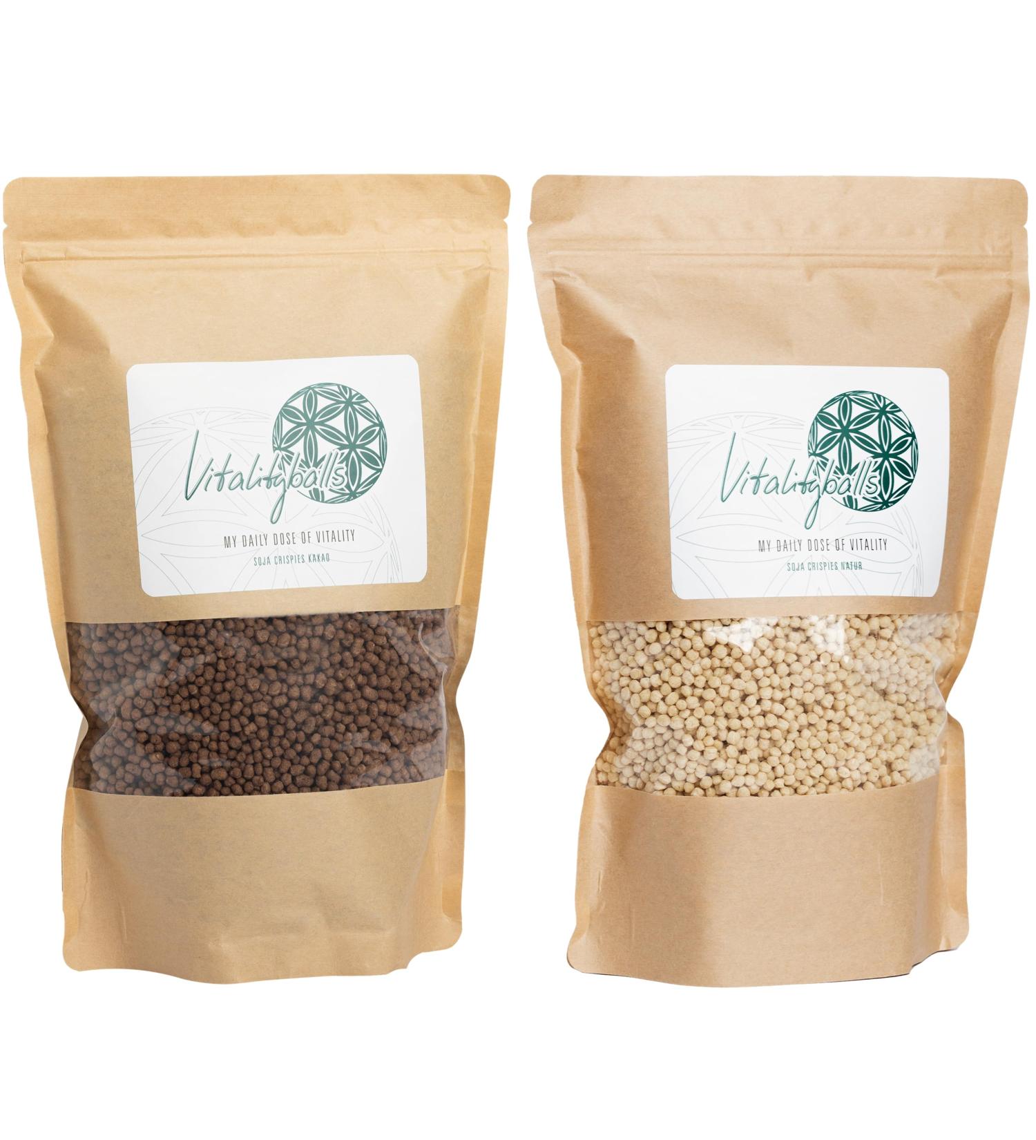 Vitalityballs - 2 Set 60% Protein Soy Crispies (Nature & Cocoa) - 1000g | Sugar-Free Topping for Muesli Salads & Fitness - Buy Online on GoSupps.com