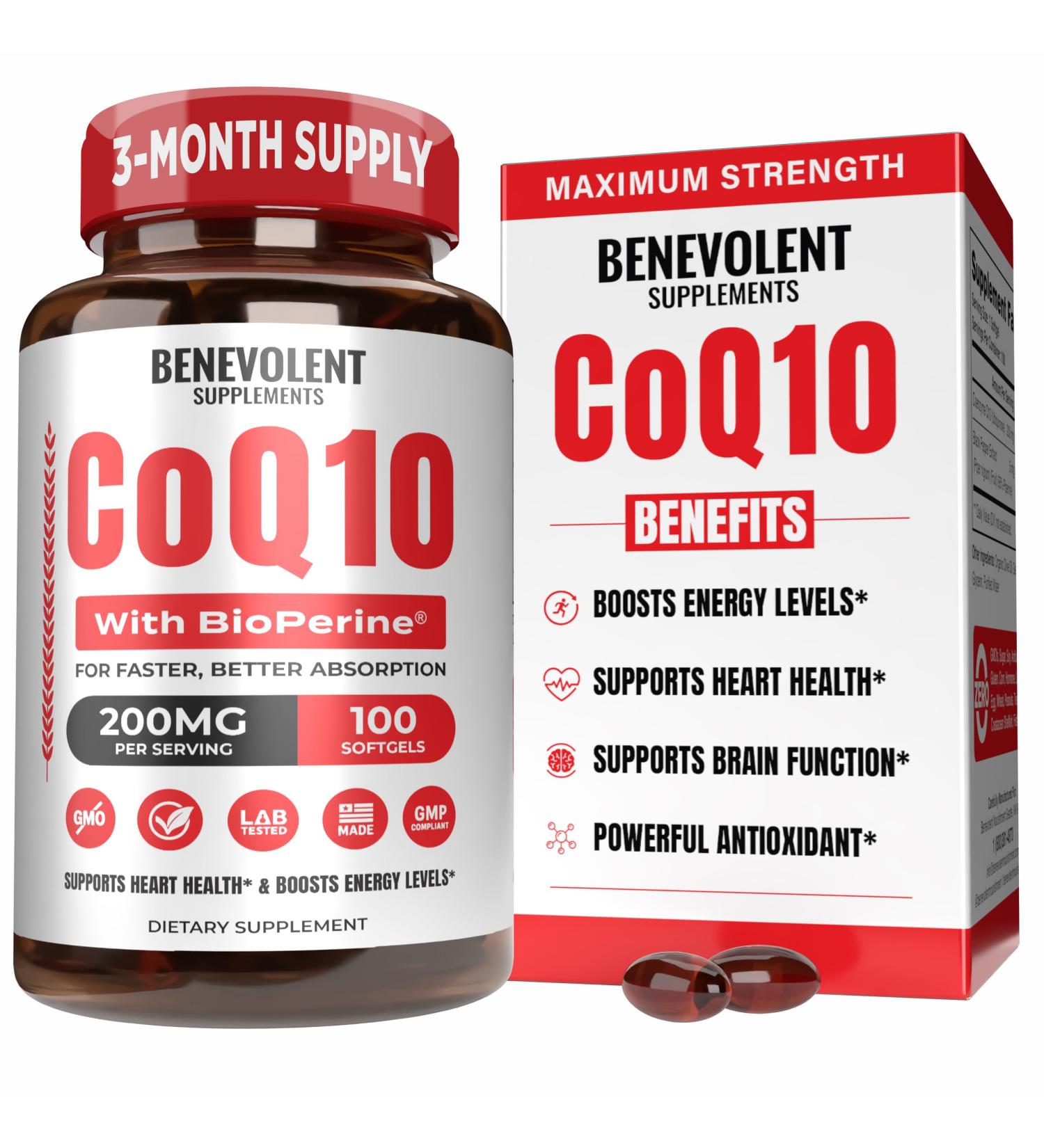 Benevolent Pure CoQ10 200mg Softgels with BioPerine for Max Absorption Ubiquinone Coenzyme Q10 Supplement for Heart Health Energy Production Healthy Aging & Antioxidant Support 100 Softgels 100 Count (Pack of 1) - Buy Online on GoSupps.com