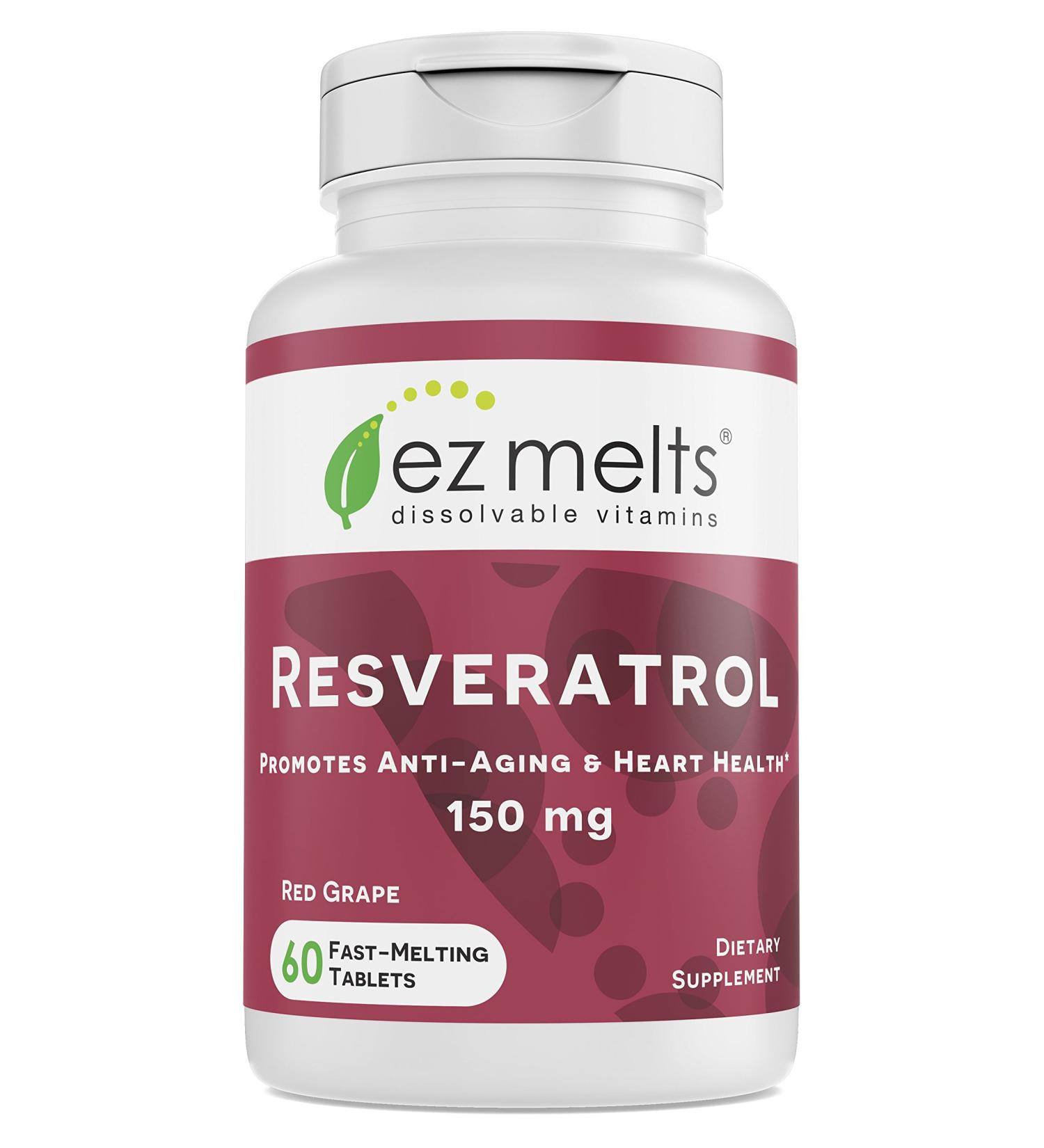EZ Melts Resveratrol 150mg Sublingual Vitamins - Vegan, Zero Sugar, Natural Grape Flavor | 60 Fast Dissolve Tablets - Buy Online on GoSupps.com