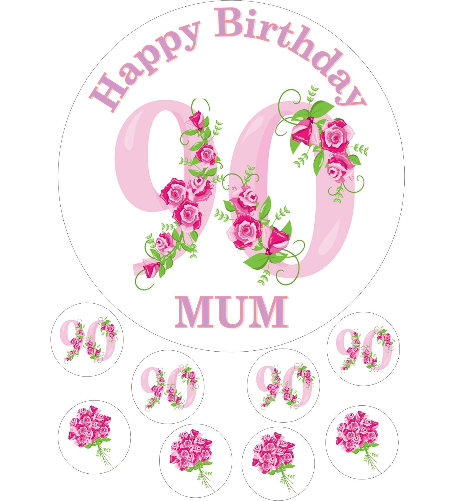 cdb 90th Birthday pink roses Round 7.5 Inch with 8 smaller cupcake toppers edible Iced Topper Frosting Icing Personalised