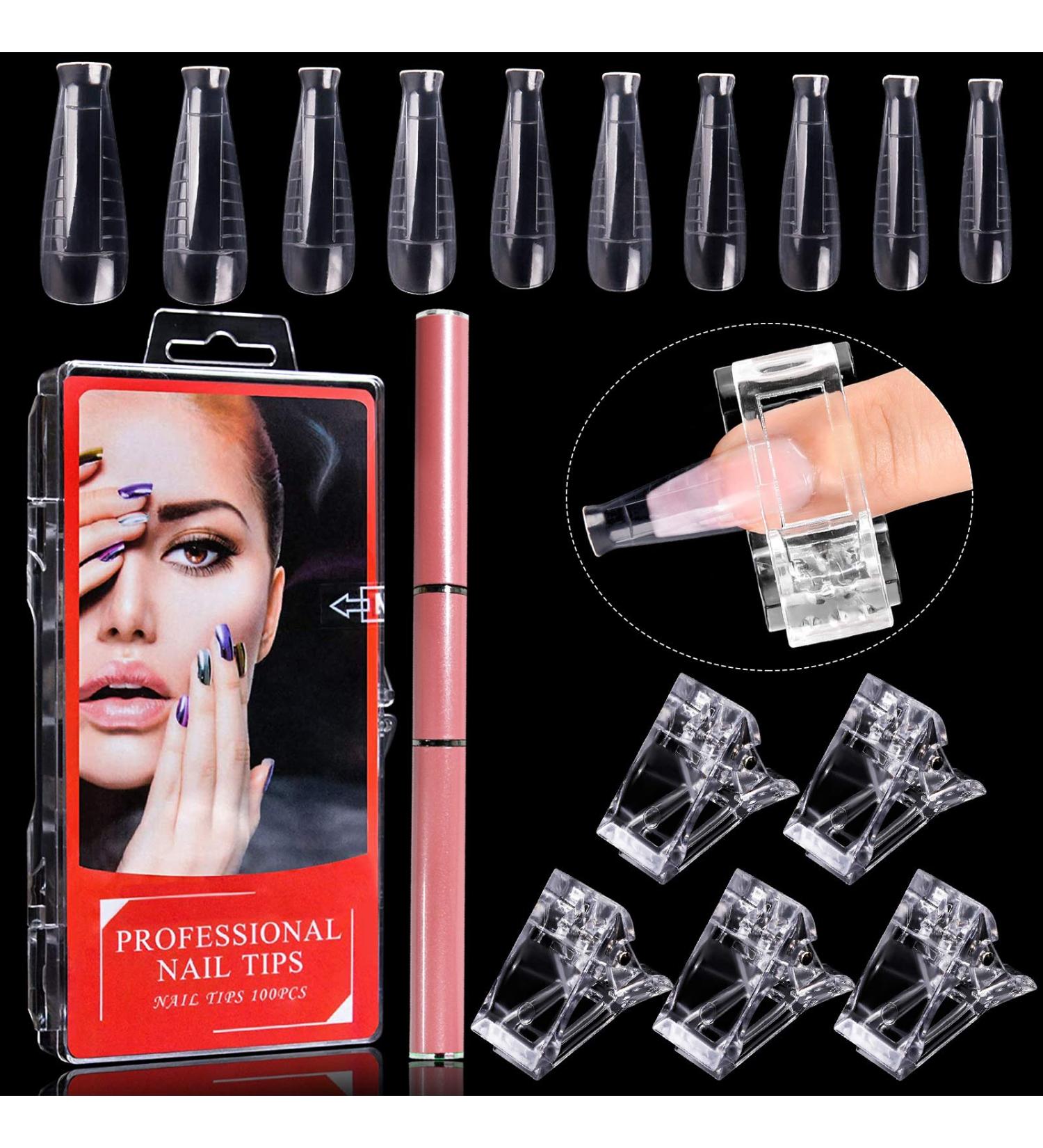Kalolary Dual Nail Forms Set - 100PCS Full Cover Extension Tips with T Shape Mold, Pink Gel Brush & 5PCS Nail Clips - Buy Online on GoSupps.com