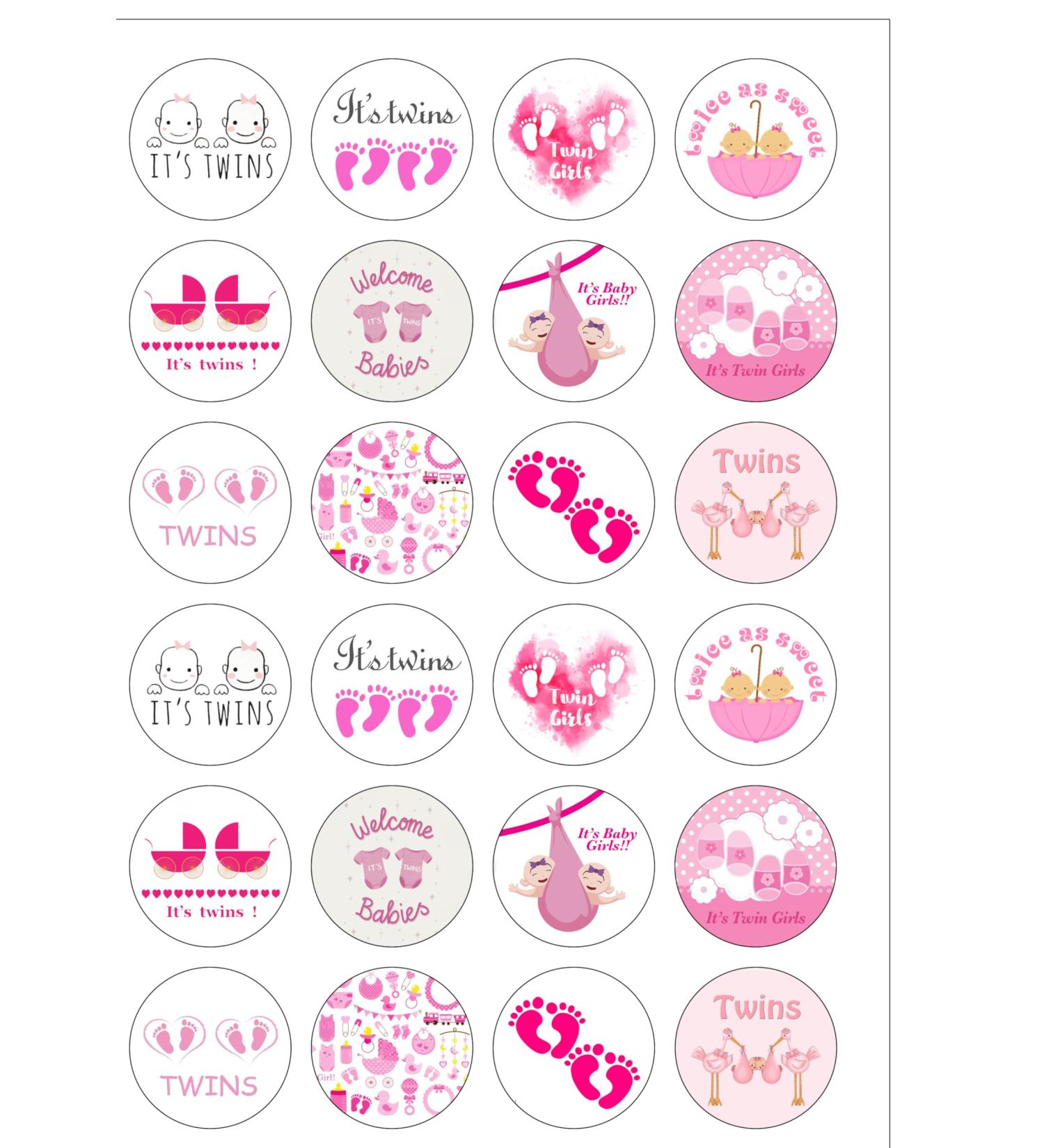 24 Pre-Cut IT'S TWIN GIRLS BABY SHOWER Themed Edible Wafer Paper Cake Toppers Decorations