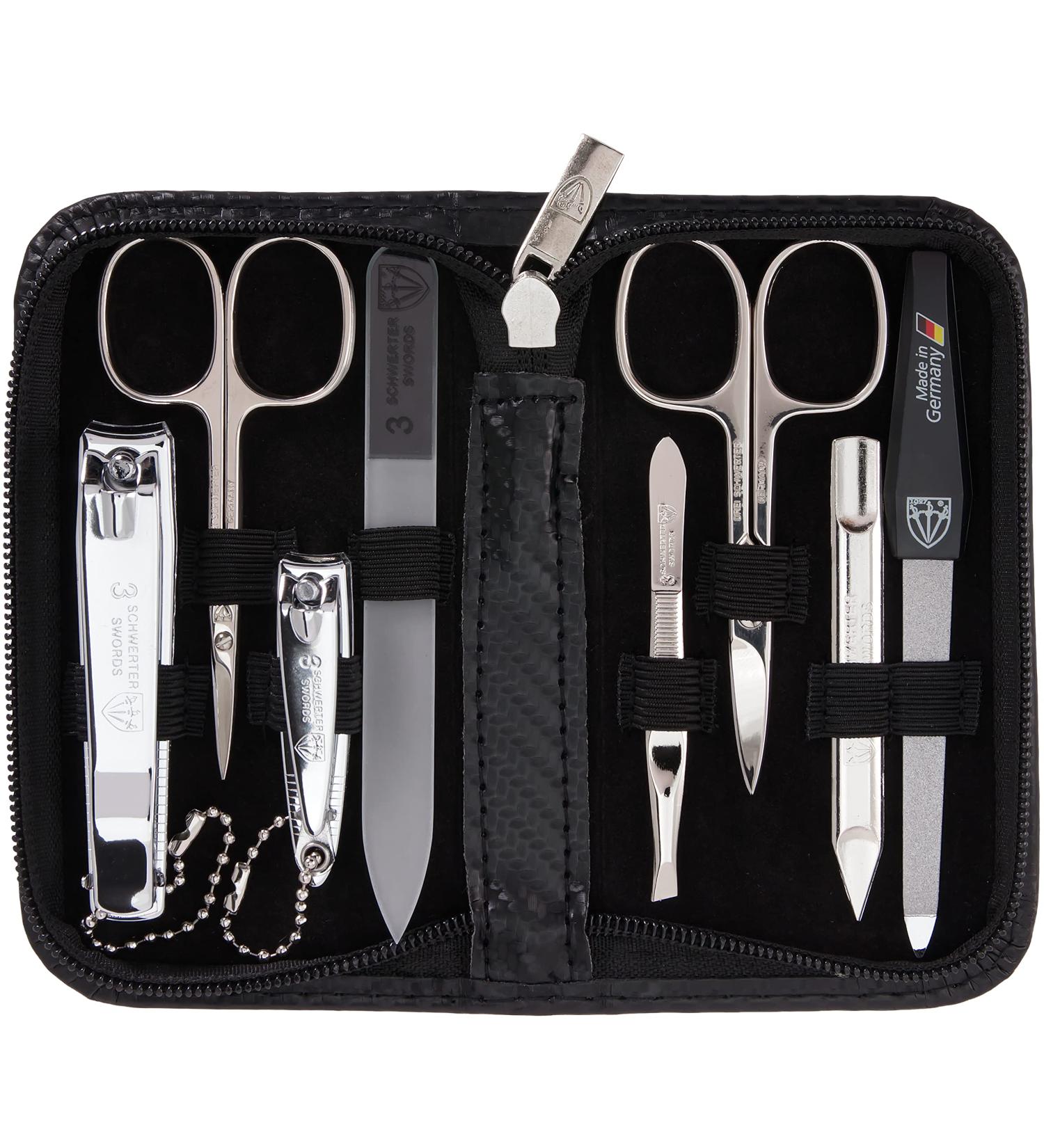 High-Quality 8-Piece Manicure Set 'Roma' - Deep Black Synthetic Leather Etui | Nail Scissors Tweezers Glass Nail Files & More - International Shipping Available - Buy Online on GoSupps.com