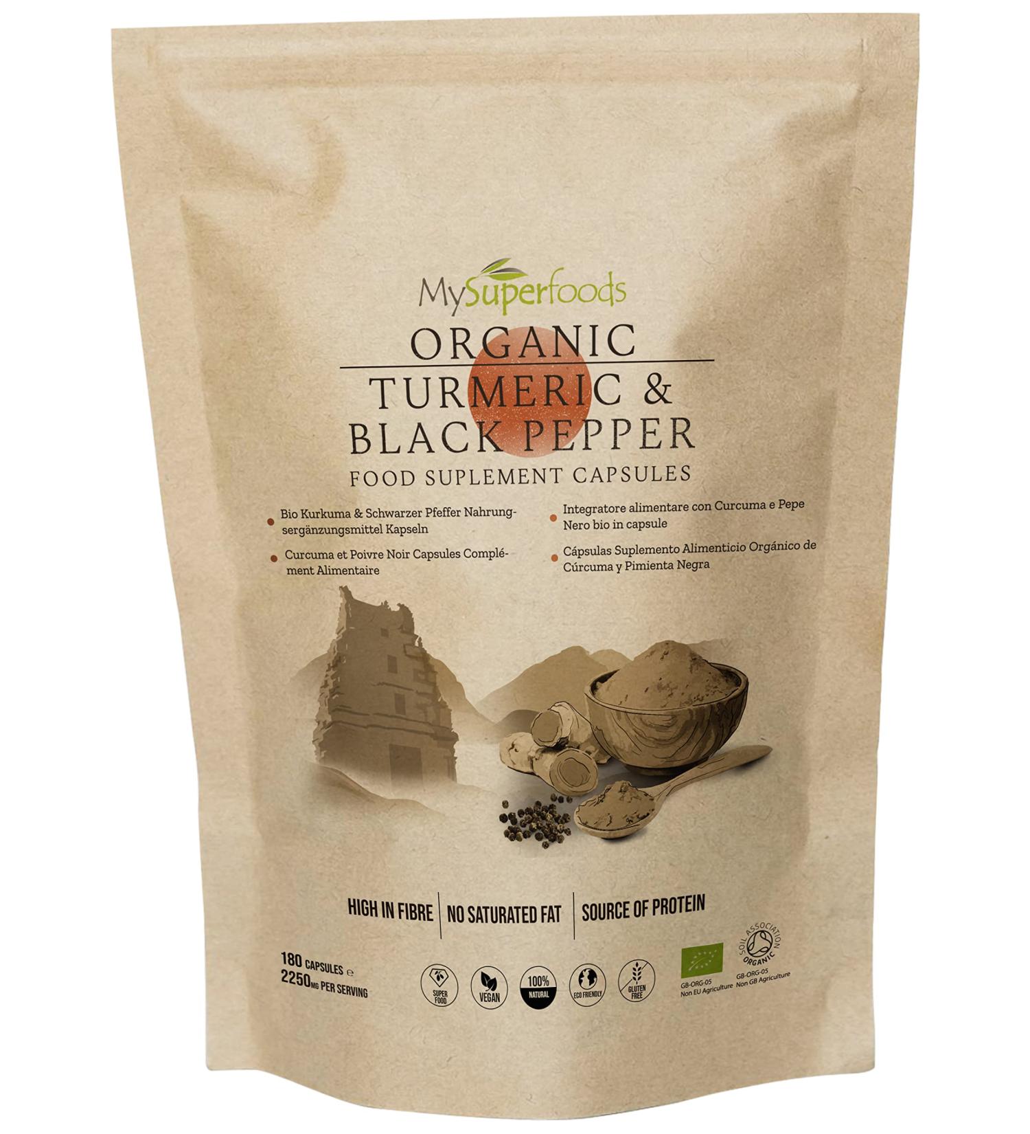 Organic Turmeric & Black Pepper Capsules - 2250mg | 180 Vegan Capsules | Natural Curcumin Source | MySuperfoods - Buy Online on GoSupps.com