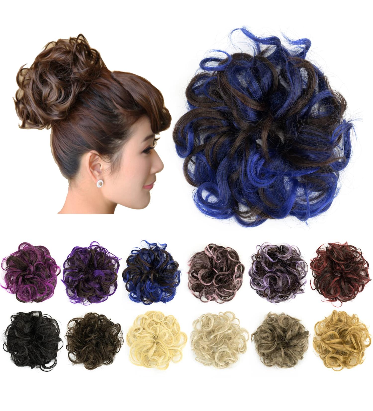 IMISSU 2PCS Messy Bun Hair Piece Updo Scrunchies Ponytail Extension Wavy Curly Hair Chignon Headband - Brown Blue for Women Girls - Buy Online on GoSupps.com