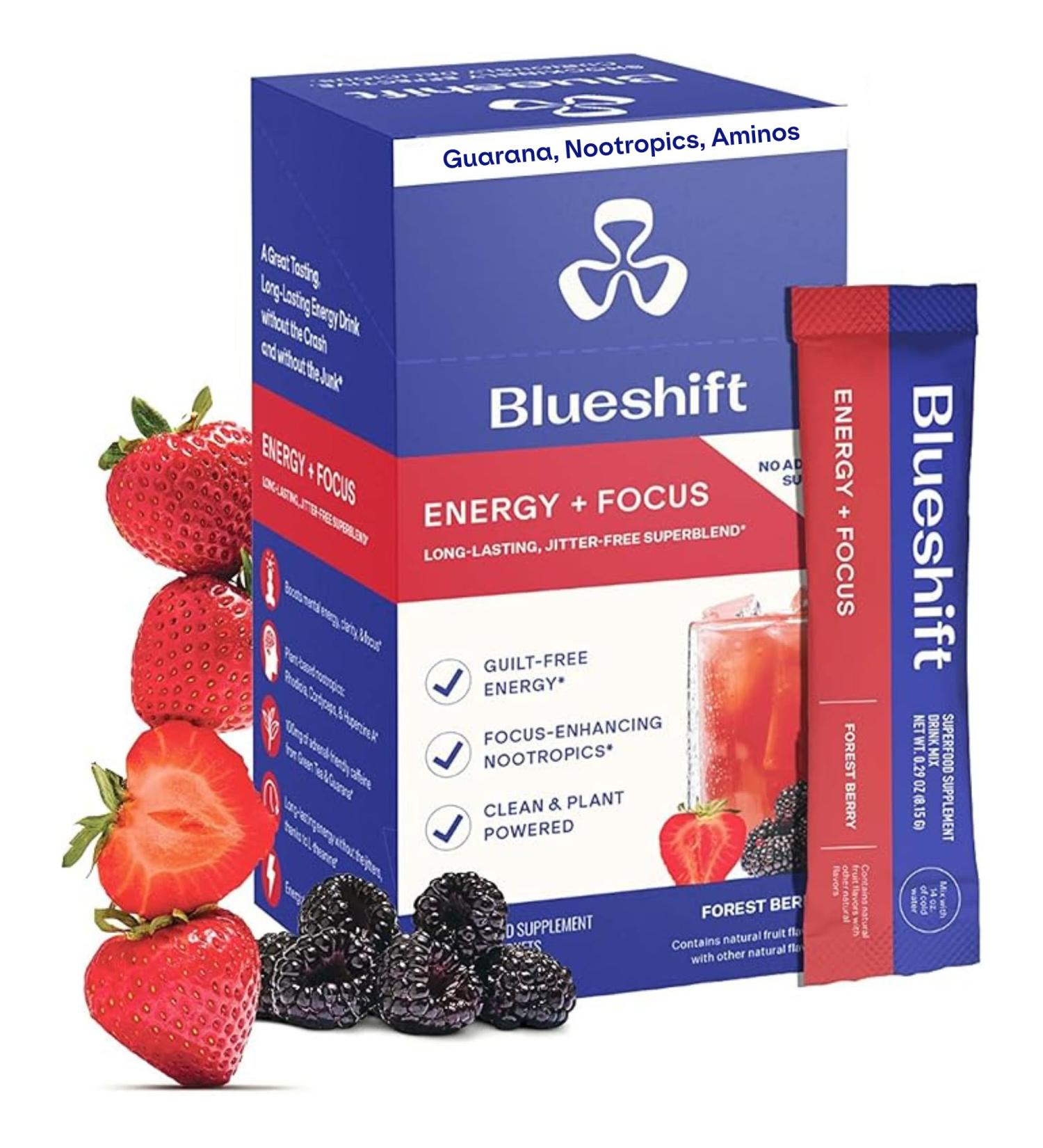 Blueshift Energy + Focus - Less-Sweet Super Clean Plant-Based Energy Drink for Adults with Guarana Green Tea Rhodiola Caffeine B Vitamins for Clarity & Focus No Sugar - Powder Sticks (10 Pack) Stick Packs 0.29 Ounce (  - Buy Online on GoSupps.com