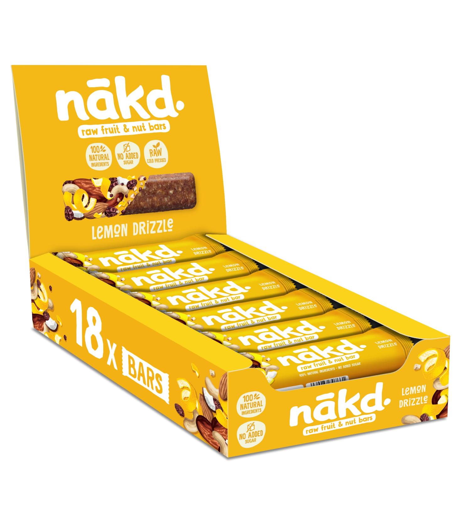 Nakd Lemon Drizzle Fruit & Nut Bars - Vegan, Gluten-Free Healthy Snack - 35g x 18 Bars - 18 Count Pack - Buy Online on GoSupps.com