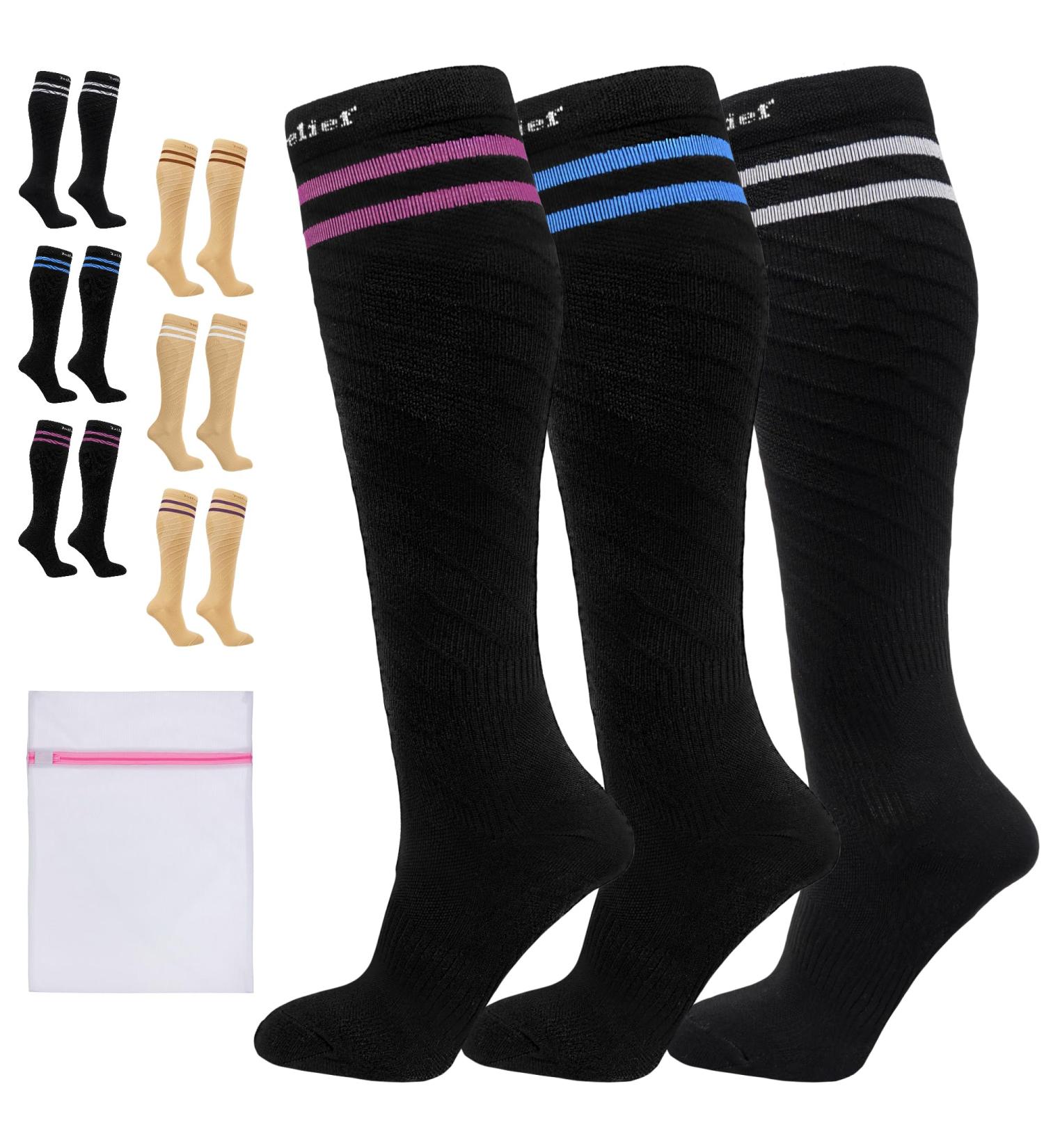 360 RELIEF - Flight Compression Socks Supports | Blood Circulation Travel Work S-M White+Blue+Pink - Buy Online on GoSupps.com