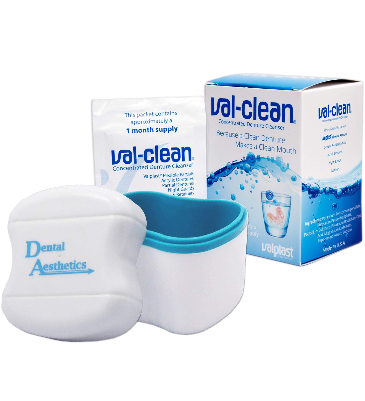 Val-Clean Sachets & Denture Bath - 12 Sachets 1 Years Supply Valplast Flexible Denture Cleaner (Blue)
