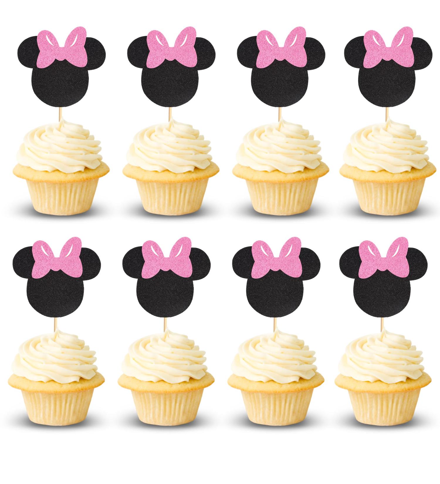 Arthsdite 24Pcs Mouse Inspired Cupcake Toppers with Pink Bow Black Glitter Mouse Cake Decorations for Baby Shower Wedding Kids Birthday Party Cake Decorations Supplies - Black Glitter - Buy Online on GoSupps.com