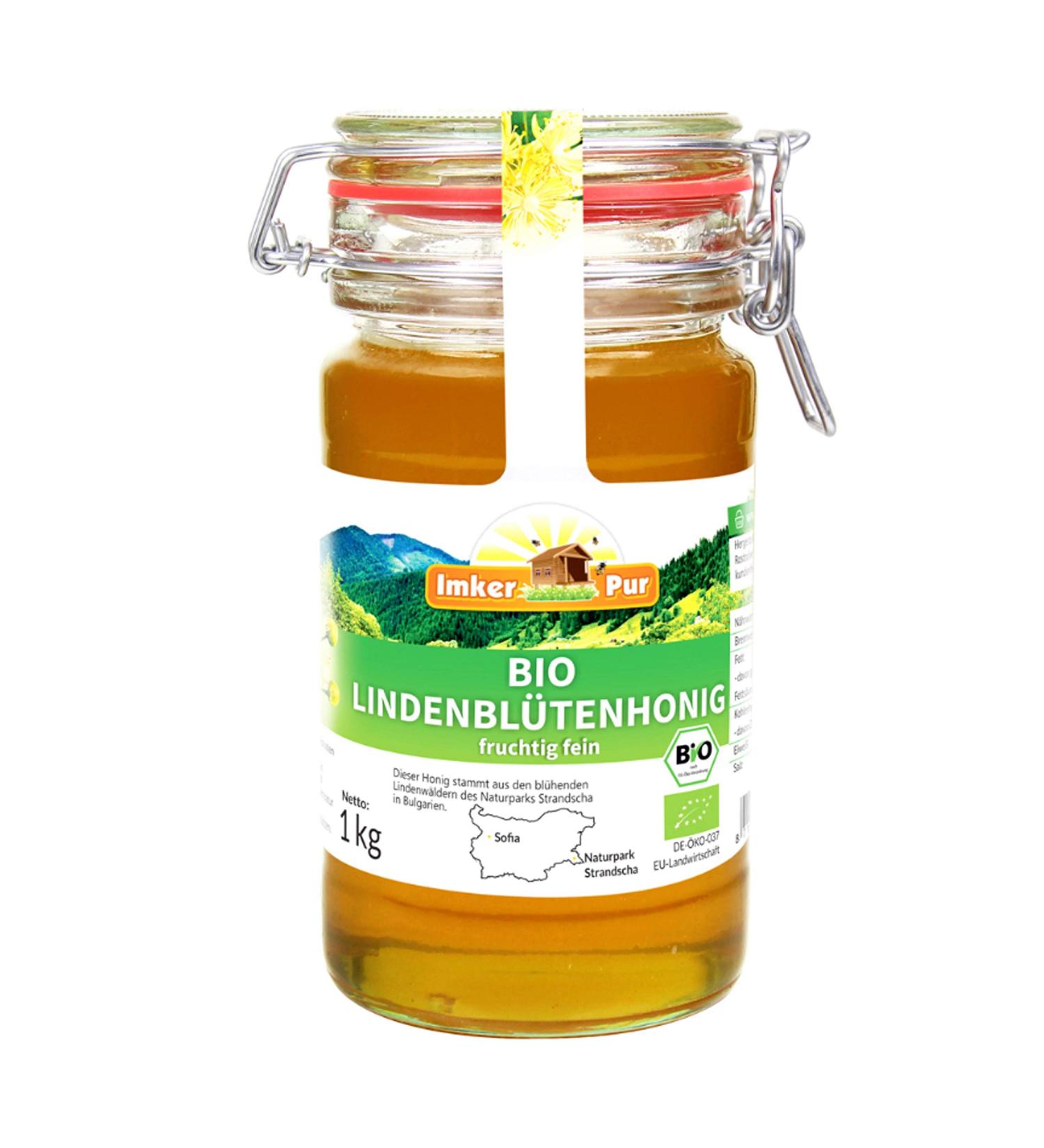 Organic lime blossom honey from ImkerPur 1 kg in a reused storage jar natural finely fruity with a refreshing lemon note - Buy Online on GoSupps.com