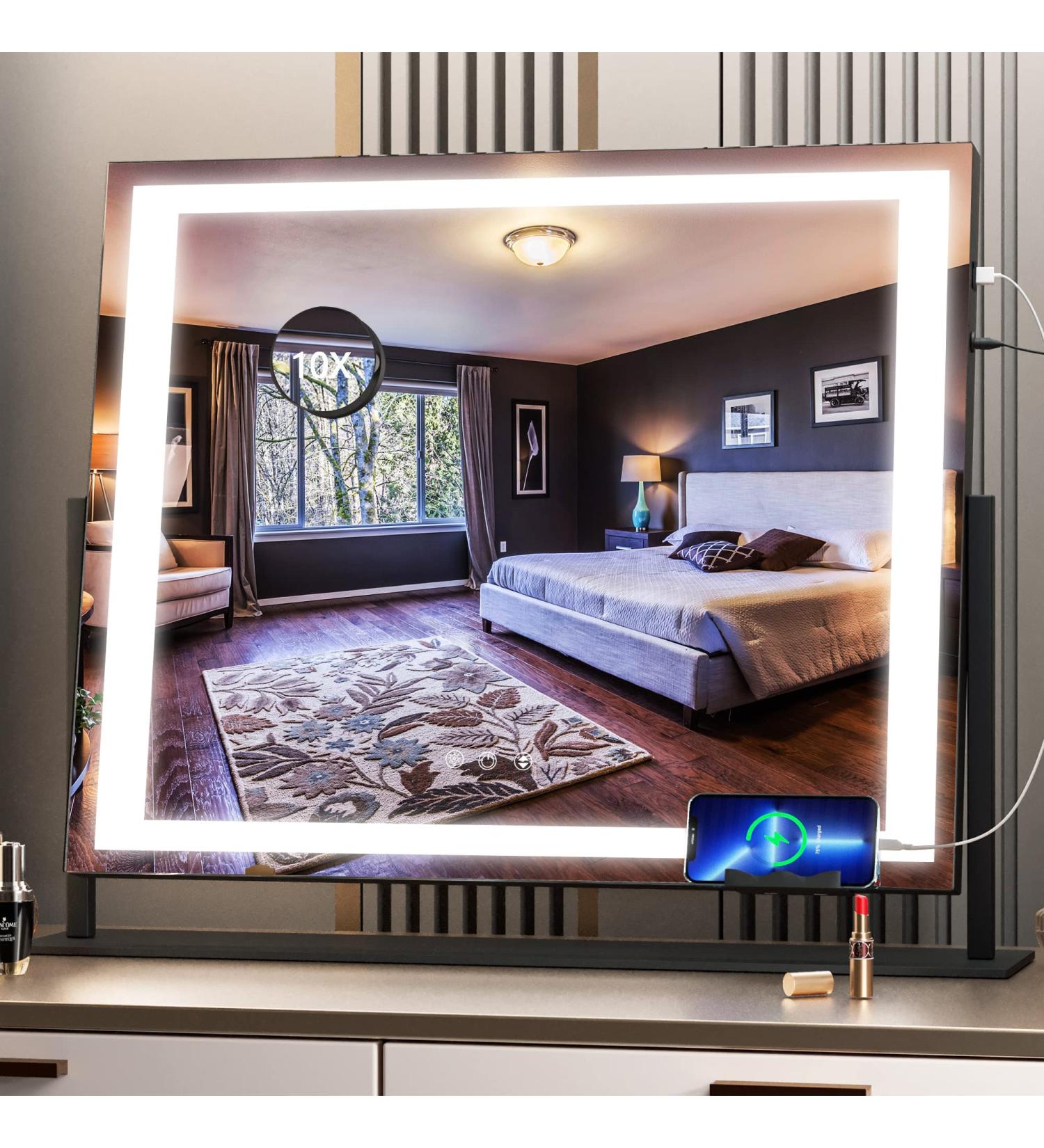 Hasipu Vanity Mirror with Lights 24.2 x 19.7 - LED Makeup Mirror with 10X Magnification, USB Phone Holder, Smart Touch, 3 Colors Dimmable - Square Black 24.2 x 19.7 - Buy Online on GoSupps.com